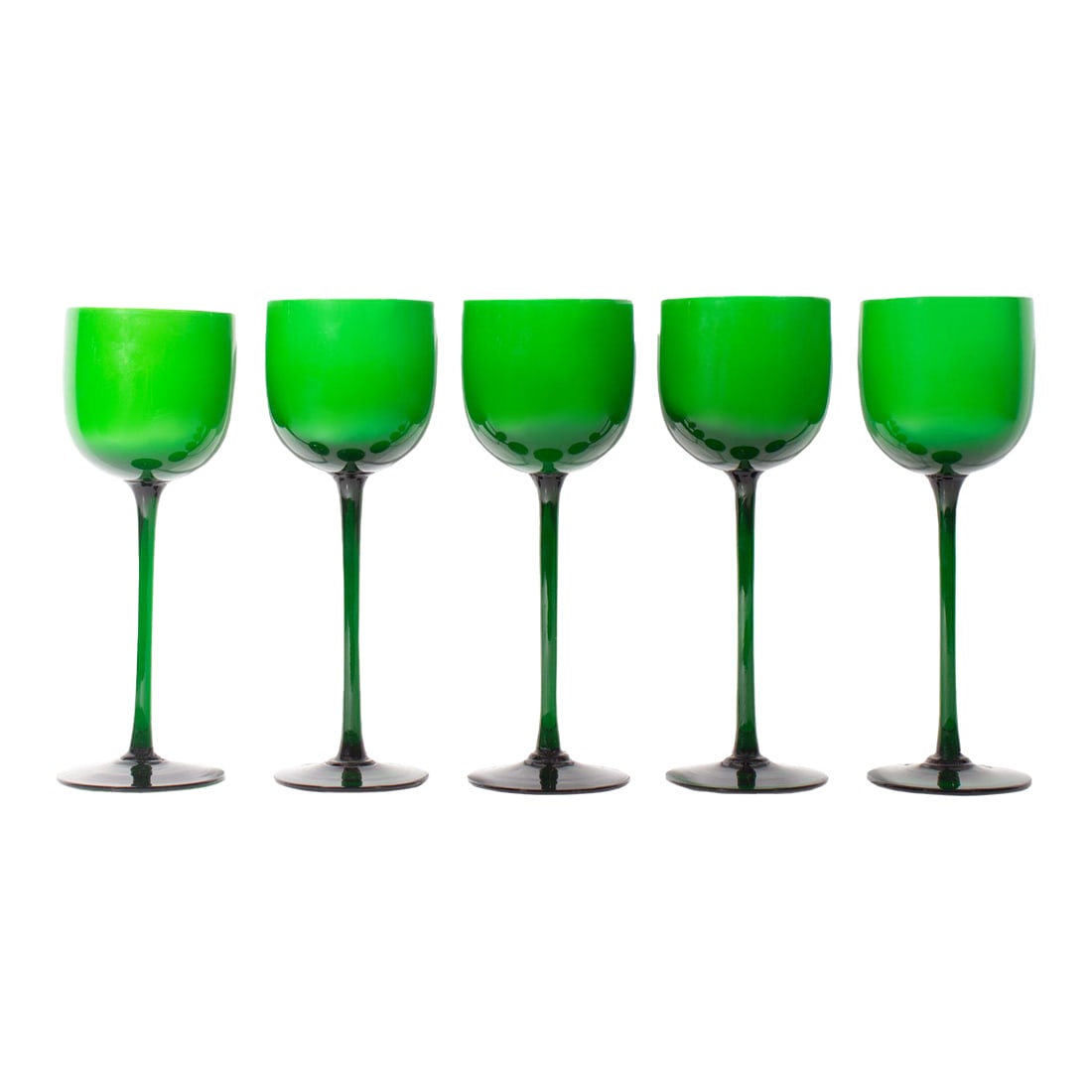 Carlo Moretti Cased Green 9.25" Wine Glasses, Set of Five: A set of five glasses produced by Carlo Moretti. Made in Italy, this set is made of green and white cased glass. The glasses stand 9.25" tall and are unmarked. Condition: Alterations: Original