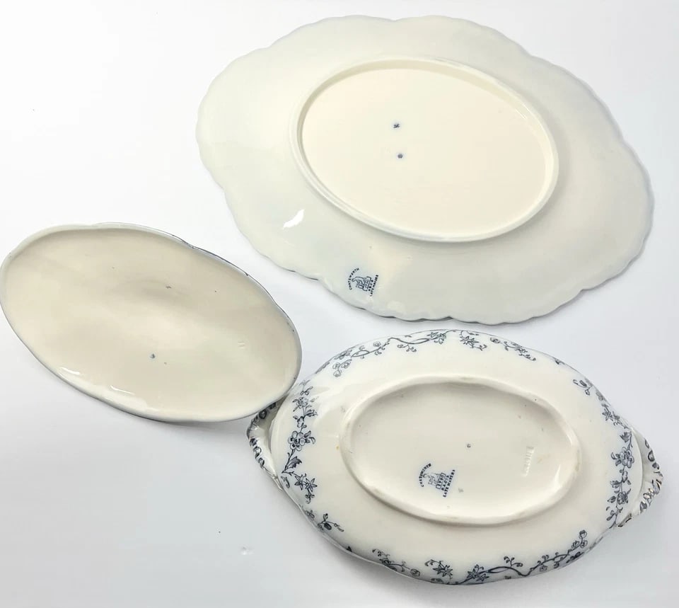 1890s Keeling & Co "Chatsworth" Flow Blue Serving Vegetable Bowl & Underplate - 4