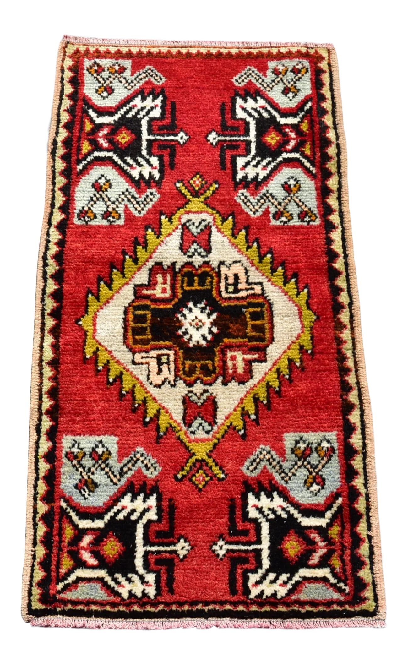 1950s Vintage Turkish Handmade Oushak Doormat Rug: Decorative Vintage Handmade Oushak Antique Rug 1.6x2.9 Ft Size: 1.6 x 2.9 ft ( 45 x 87 cm) 18 x 34 inches Color: Beige, Antique White, Red, Yellow, Gray Material: 100% Wool Fast Shipping: Delivery in