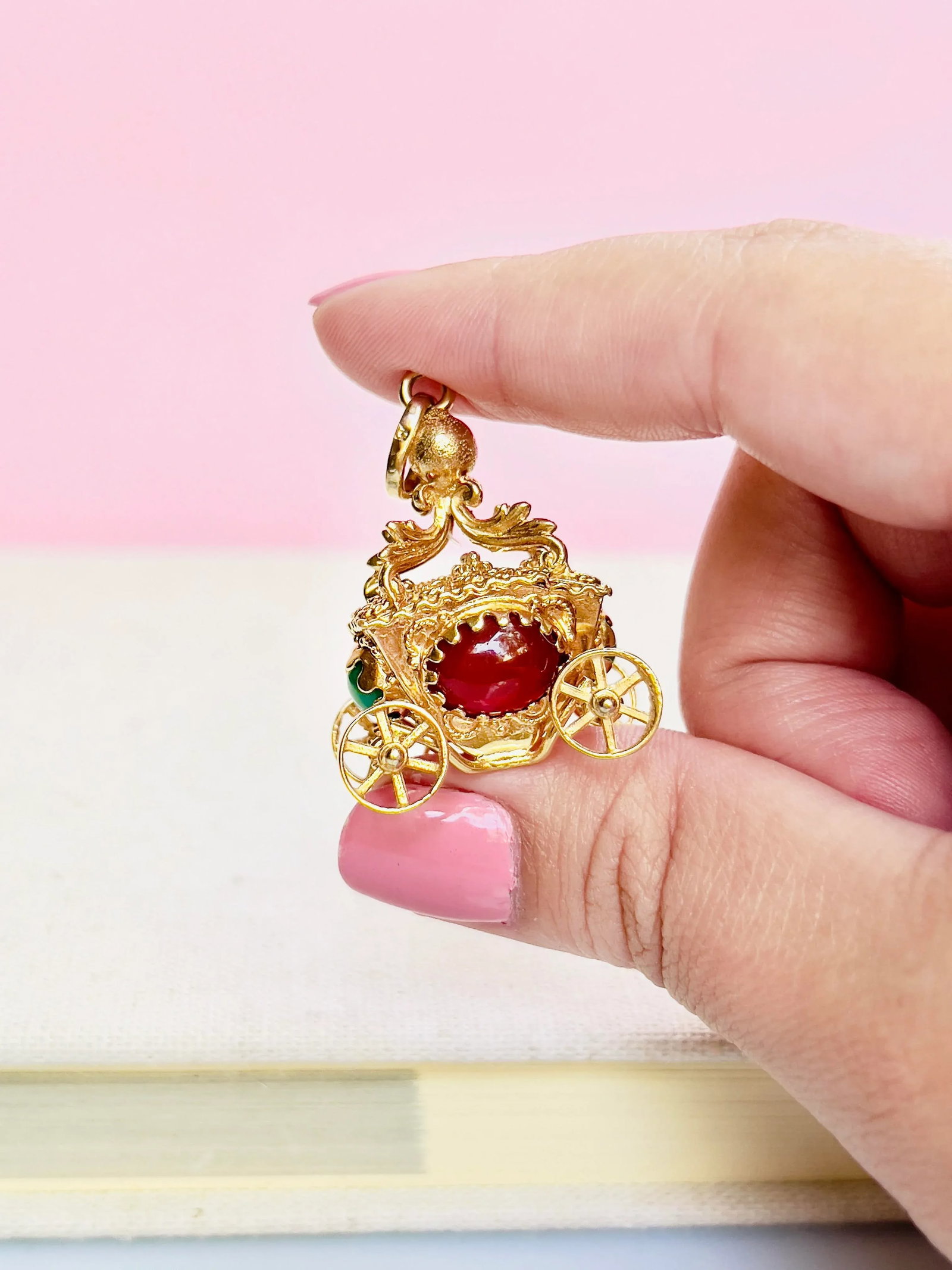 Vintage Carnelian Cinderella Carriage Pendant, 18k - 2