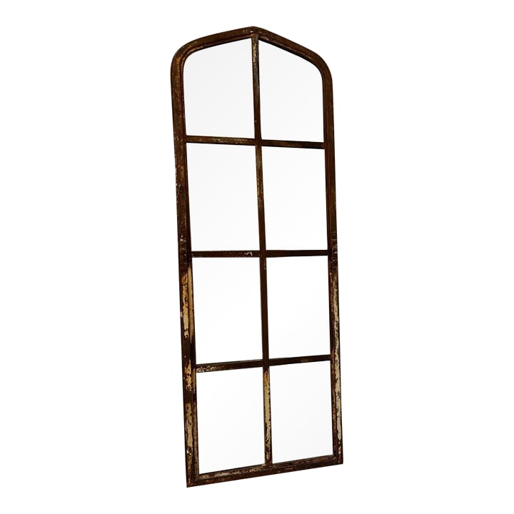 Antique Tall Wall Arched Cathedral Mirror: Make a bold statement with this impressive arched window-style mirror, a perfect fusion of rustic charm and industrial design. The tall, elegant arch is framed in heavily distressed metal, featuring a