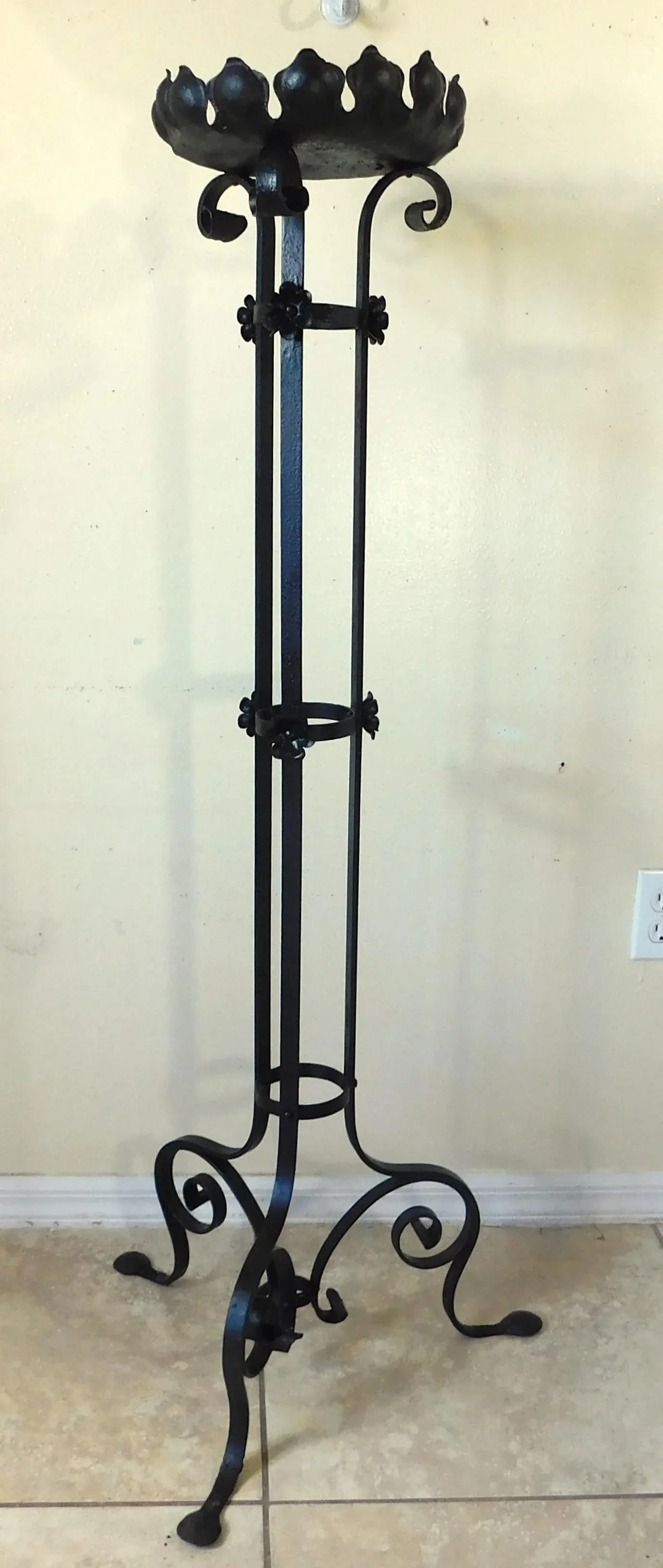 Tall Vintage Mid Century Black Wrought Iron Ornate Floor Pillar Candle Stand Holder - 10