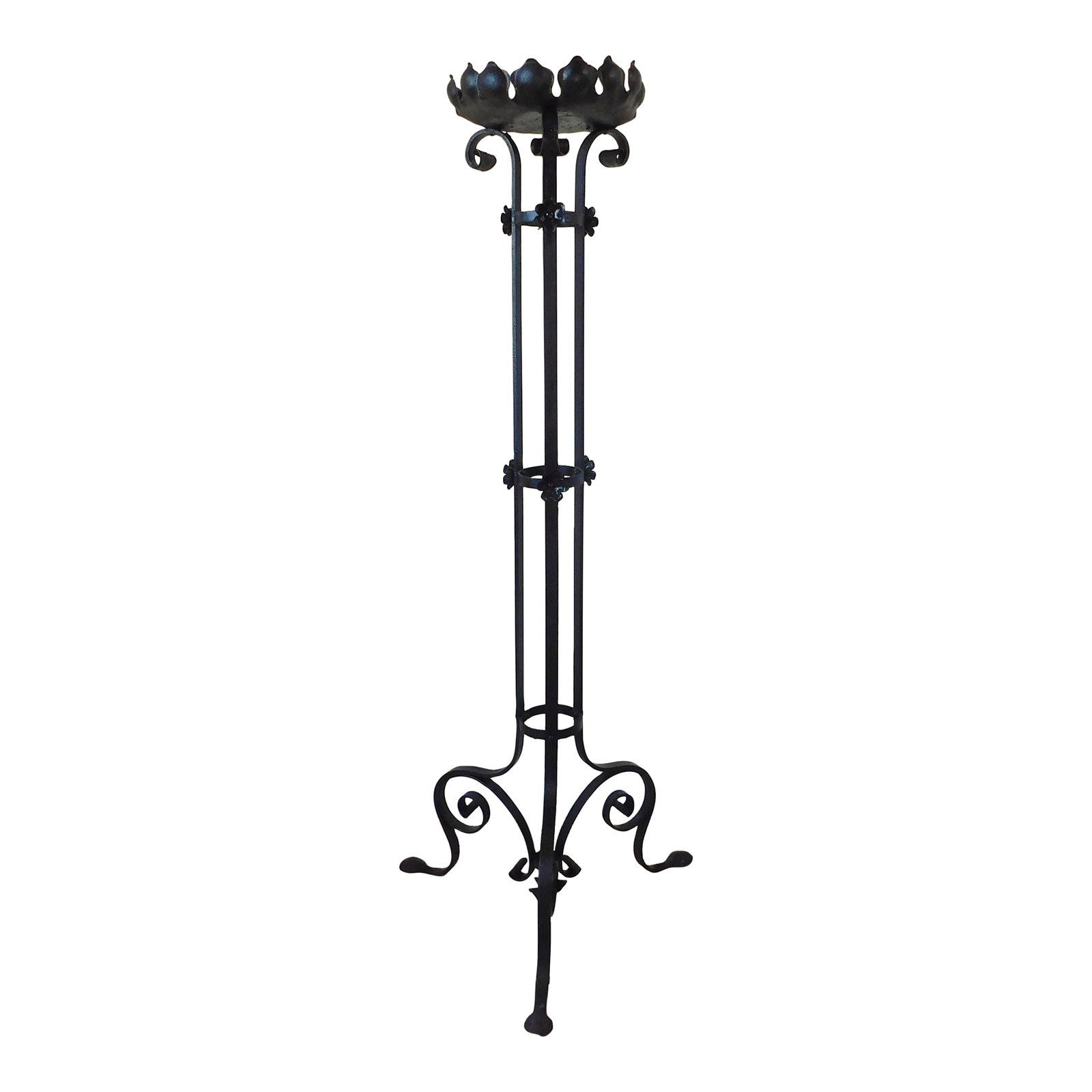 Tall Vintage Mid Century Black Wrought Iron Ornate Floor Pillar Candle Stand Holder: Beautiful Large Vintage Mid-Century Black Wrought Iron Ornate Floor Pillar Candle Stand Holder. Heavy wrought iron with ornate design. Circa mid 1900s. Very Nice Antique Condition as shown. Strong and