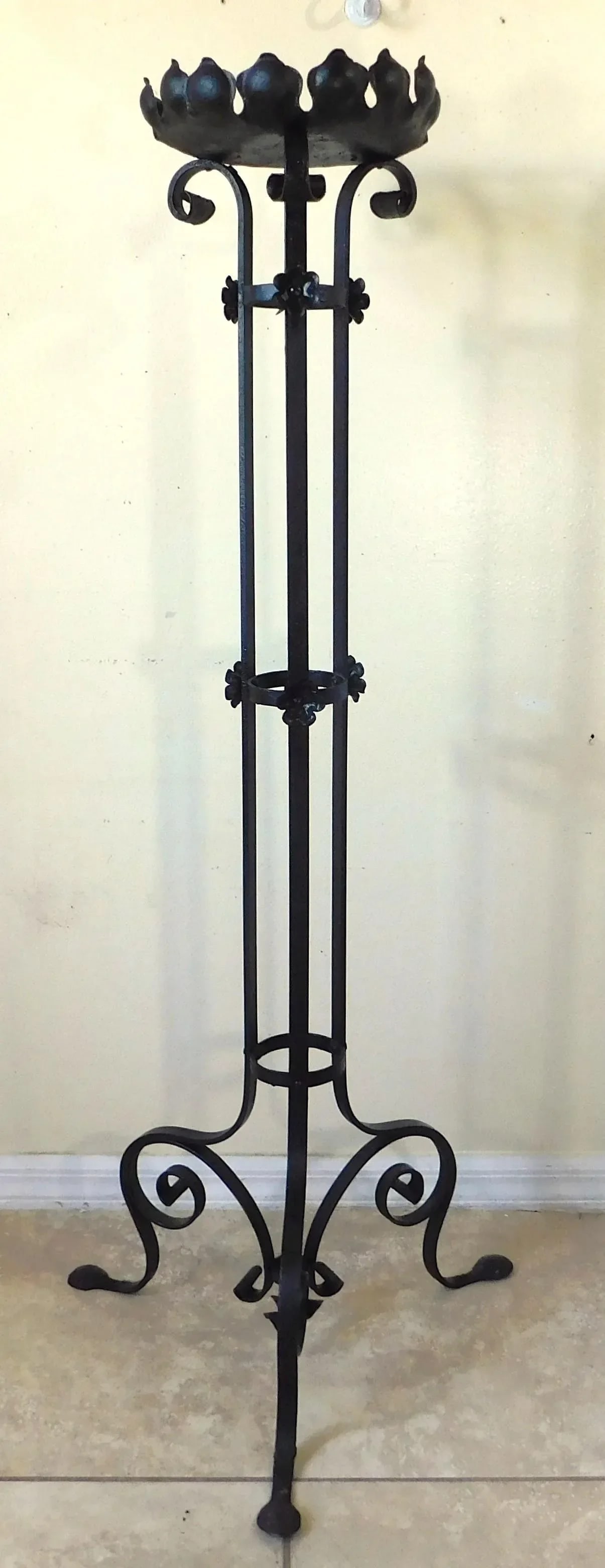 Tall Vintage Mid Century Black Wrought Iron Ornate Floor Pillar Candle Stand Holder - 2