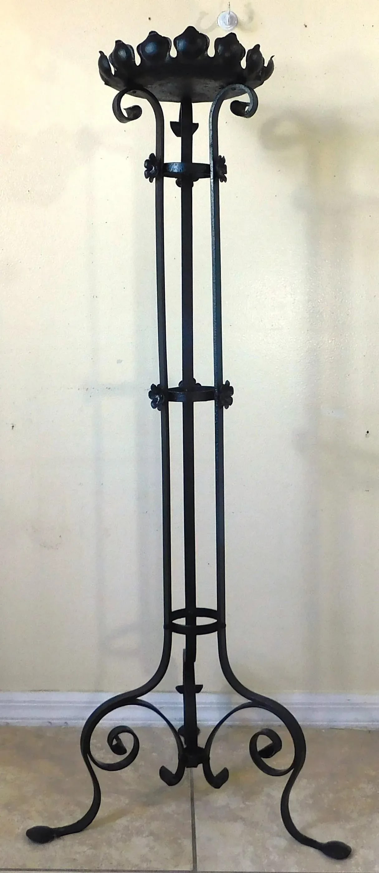 Tall Vintage Mid Century Black Wrought Iron Ornate Floor Pillar Candle Stand Holder - 3