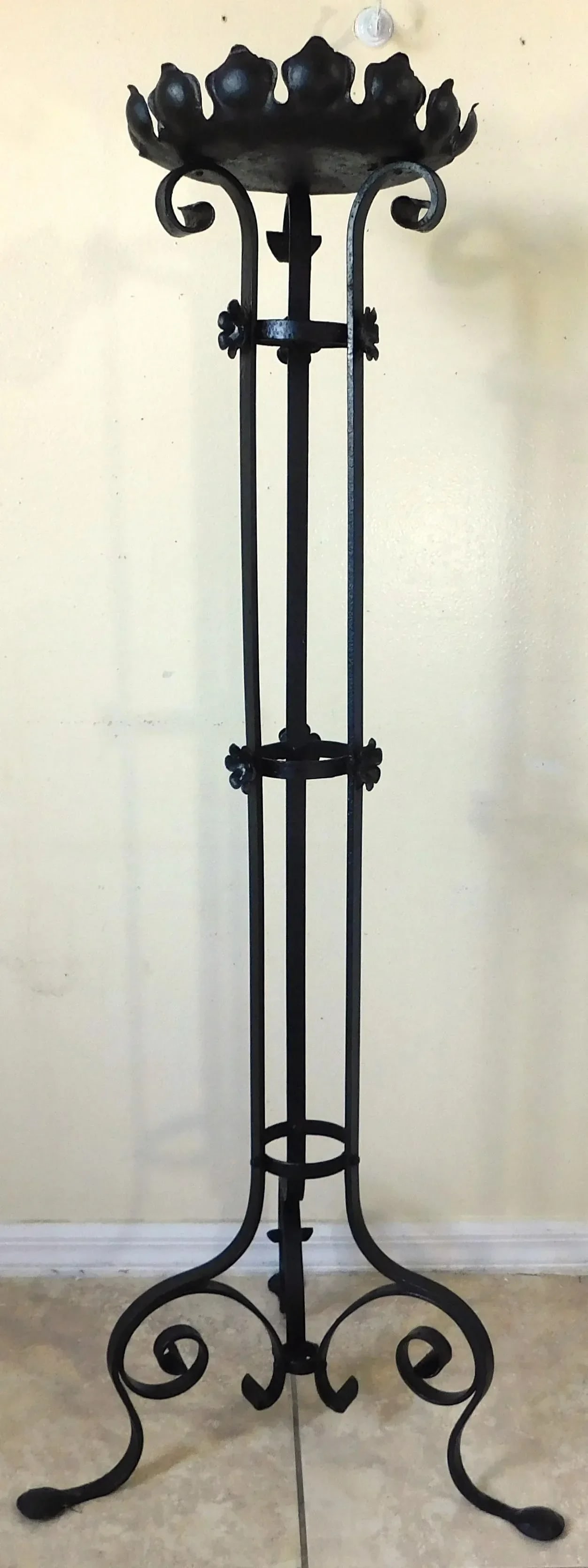Tall Vintage Mid Century Black Wrought Iron Ornate Floor Pillar Candle Stand Holder - 4