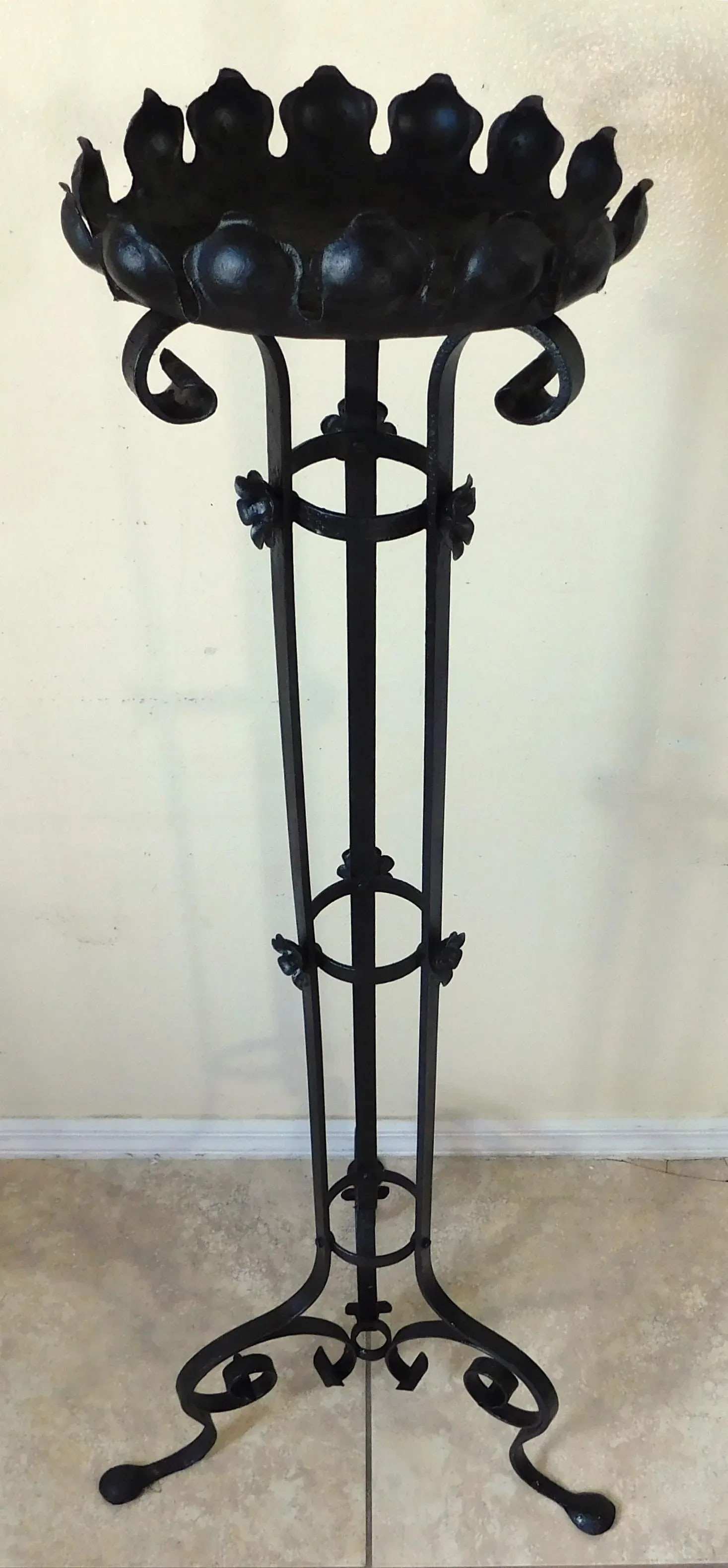 Tall Vintage Mid Century Black Wrought Iron Ornate Floor Pillar Candle Stand Holder - 5