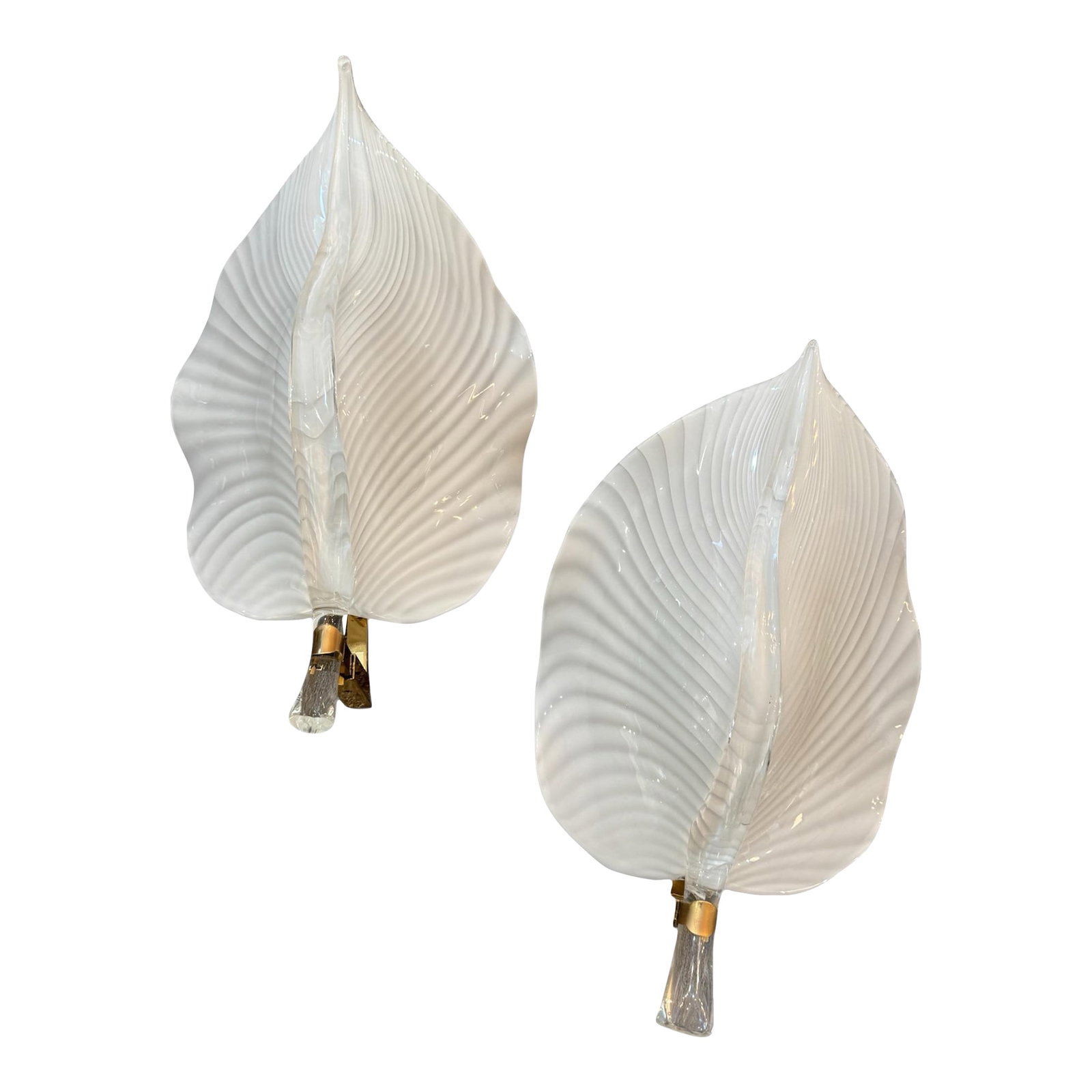 Late 20th Century Pair of Murano Glass Gold Leaf Sconces: Illuminate your space with timeless sophistication using this pair of Murano glass wall sconces, each meticulously handblown in Italy and infused with shimmering gold leaf. These sconces showcase the
