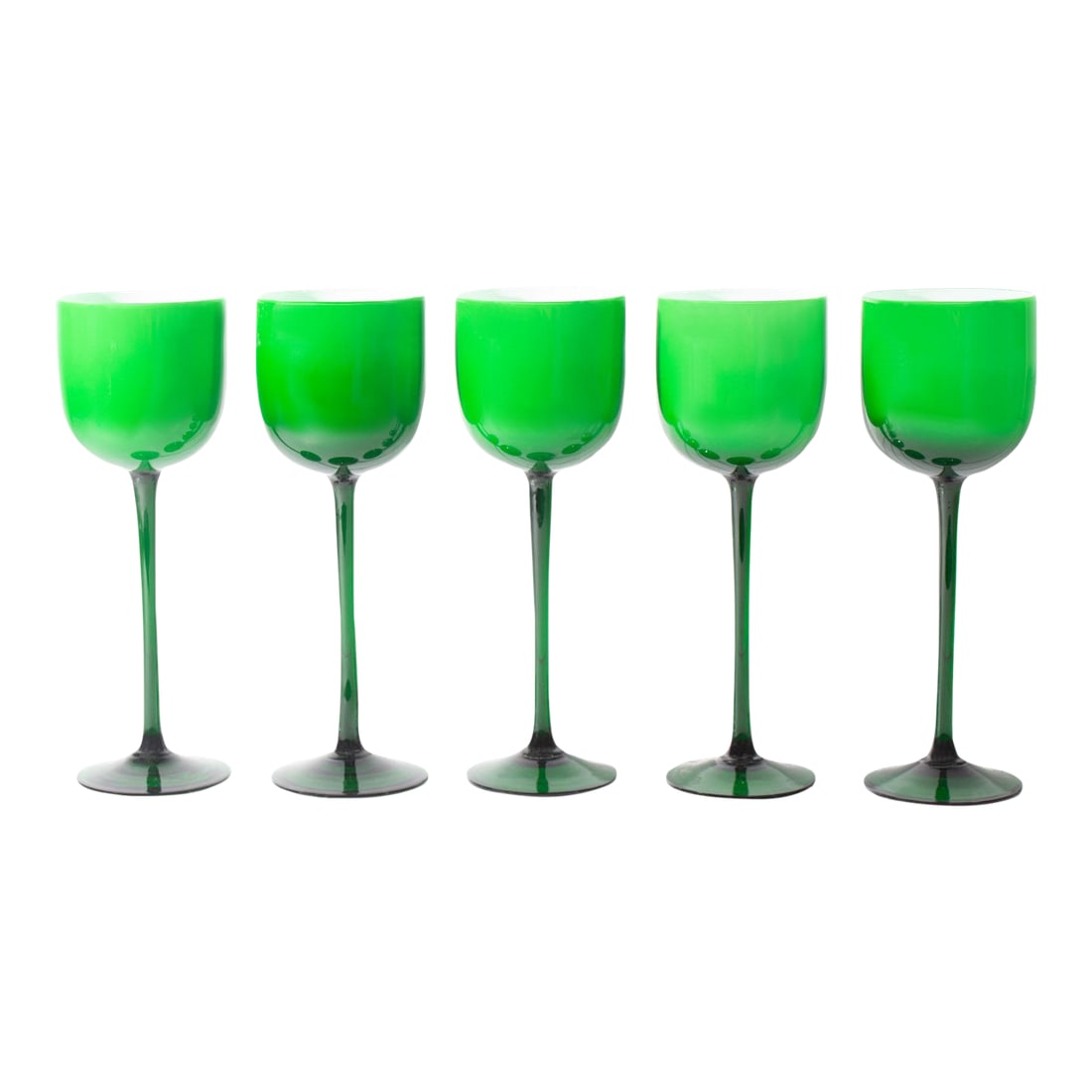 Carlo Moretti Cased Green 9.5" Wine Glasses, Set of Five: A set of five glasses produced by Carlo Moretti. Made in Italy, this set is made of green and white cased glass. The glasses stand 9.5" tall and are unmarked. Condition: Alterations: Original