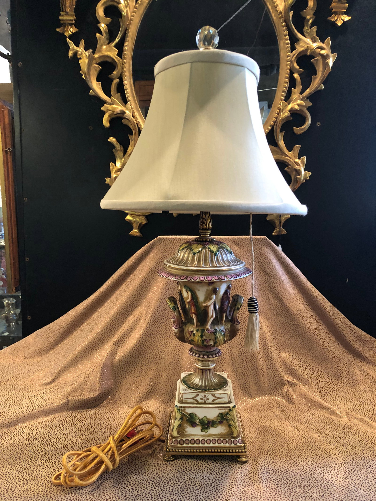Vintage Italian Porcelain Figural Hand Painted Gilt Table Lamp With Shade - 13