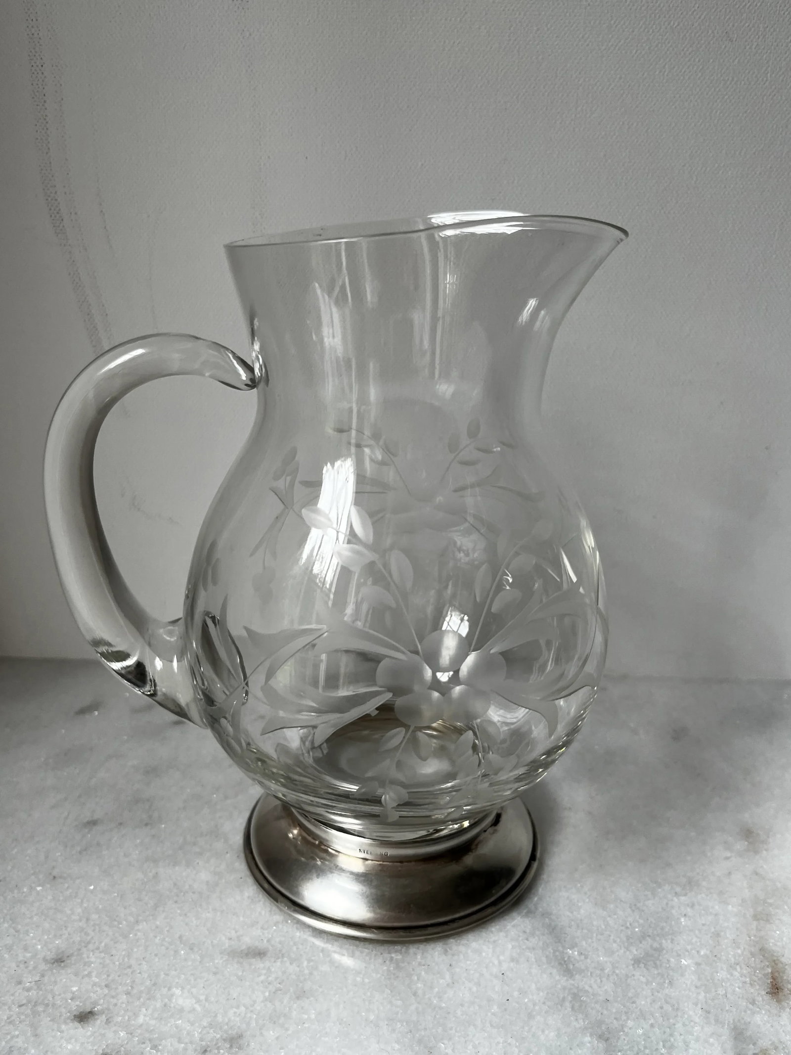 1930s Etched Crystal Pitcher, Also Known as a "Pot Belly Pitcher," With a Sterling Silver Base - 2