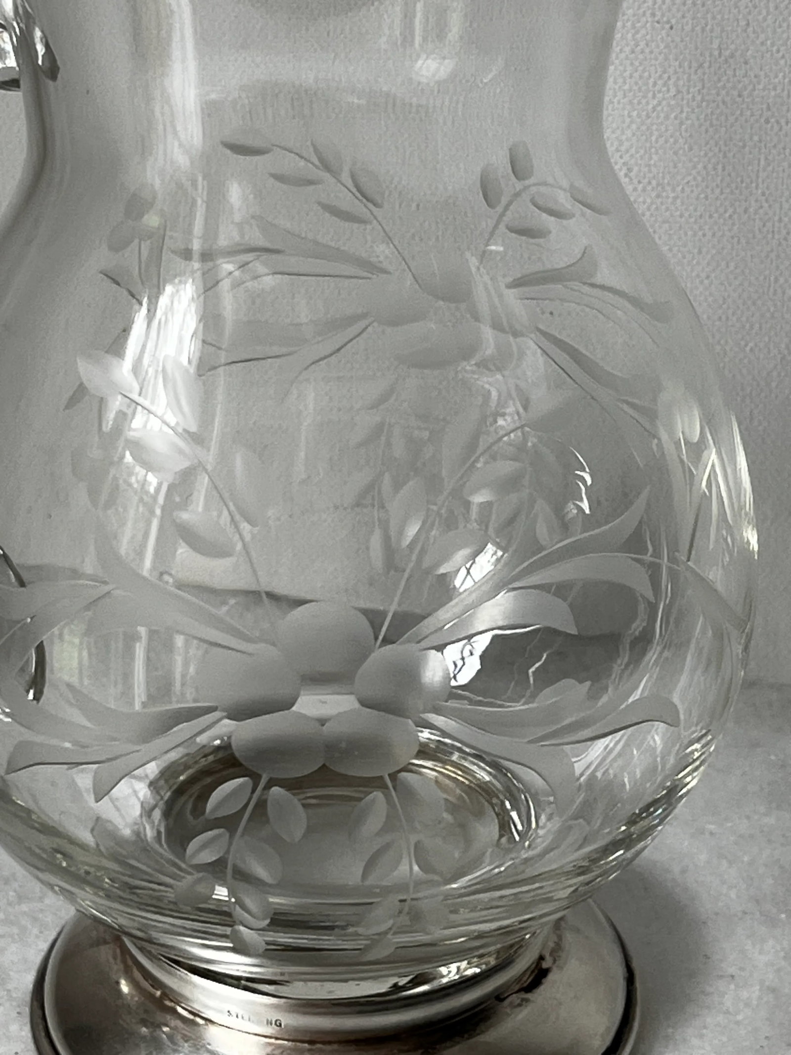 1930s Etched Crystal Pitcher, Also Known as a "Pot Belly Pitcher," With a Sterling Silver Base - 3