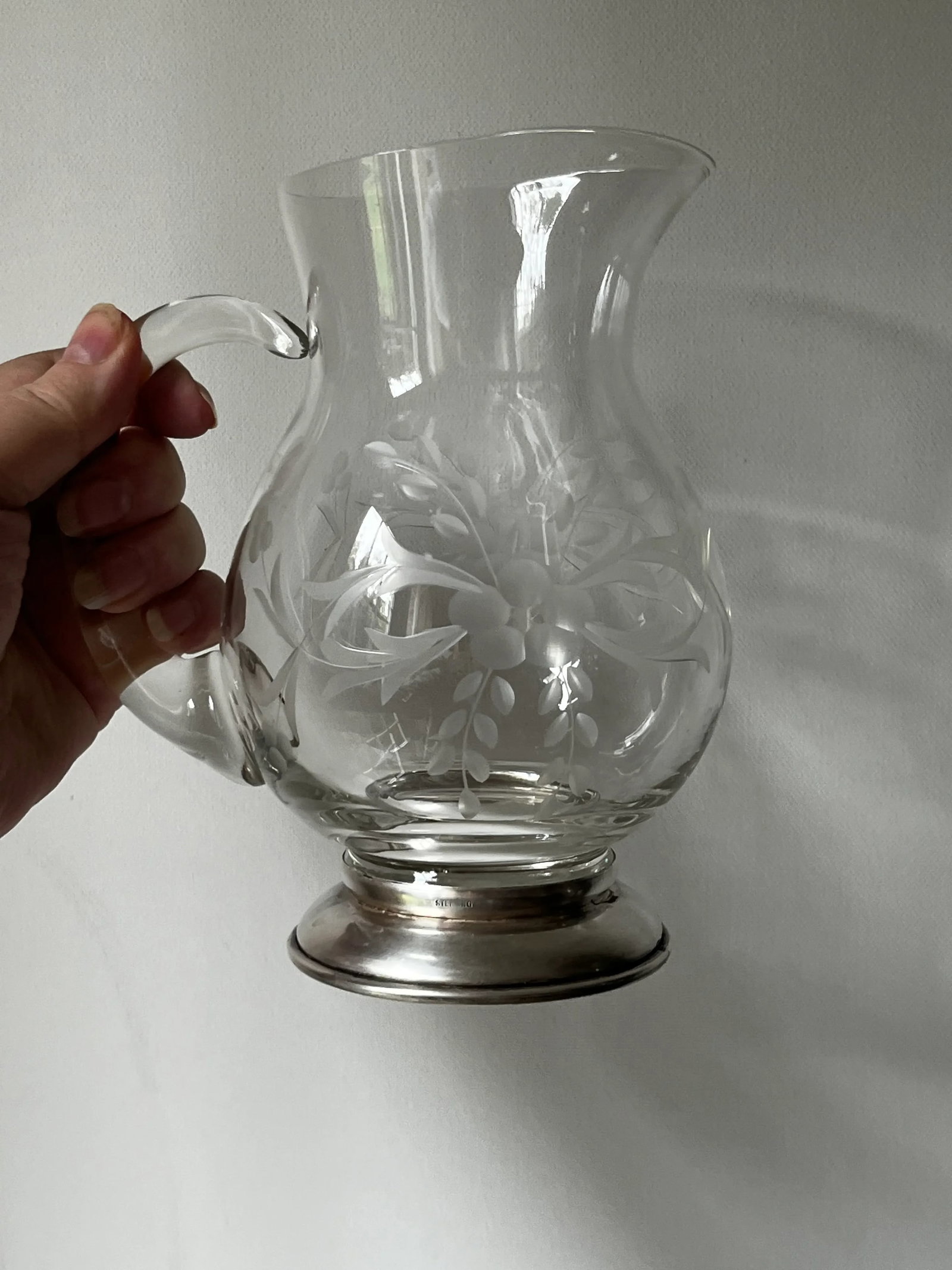 1930s Etched Crystal Pitcher, Also Known as a "Pot Belly Pitcher," With a Sterling Silver Base - 9