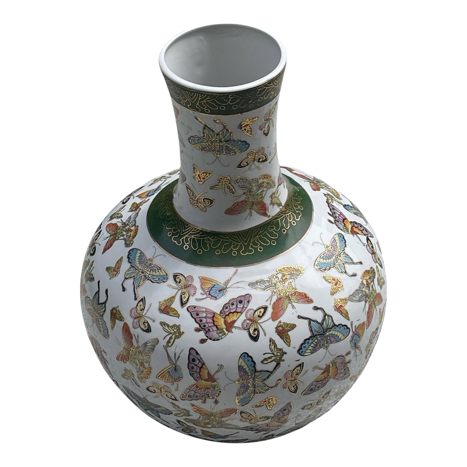 Mid 20th Century Chinese Porcelain Butterfly Vase: Exquisite Extra Large Porcelain Butterfly Vase Add a touch of elegance and charm to your home decor with this stunning porcelain vase. Featuring a graceful bulbous body and slender neck, the vase is a