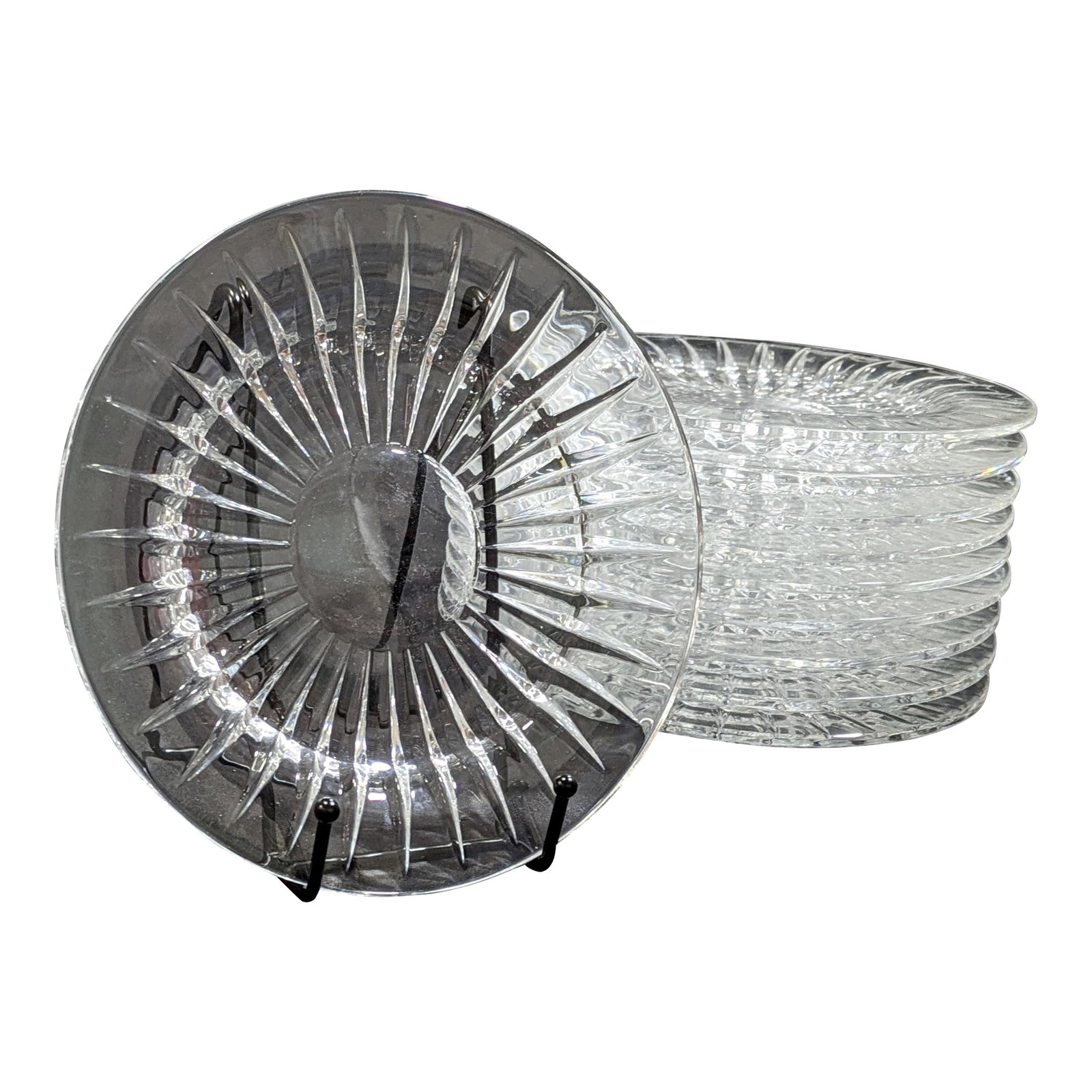 Vintage 1950s Art Deco Val Saint-Lambert "Balmoral" Salad Plates- Set of 10: This is a stunning set of 10 vintage crystal salad plates by Val Saint-Lambert. They are in the eye catching "Balmoral" pattern, an art deco inspired design dating back to the 1950s. Each plate is sig