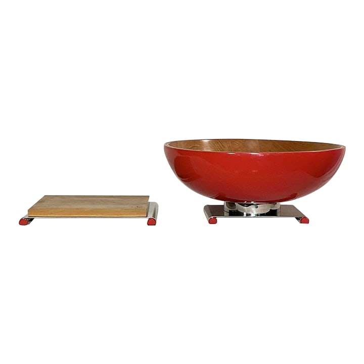Larry Laslo Towle Futura Series Modern Red Center Bowl With Cutting Board 1980s Post Modern: Italy, 20th Century rare 2 piece set designed by Larry Laslo for Towle. From the Futura. series is this Birchwood center bowl with a bold red exterior, sits on a rectangular stainless steel 18/10