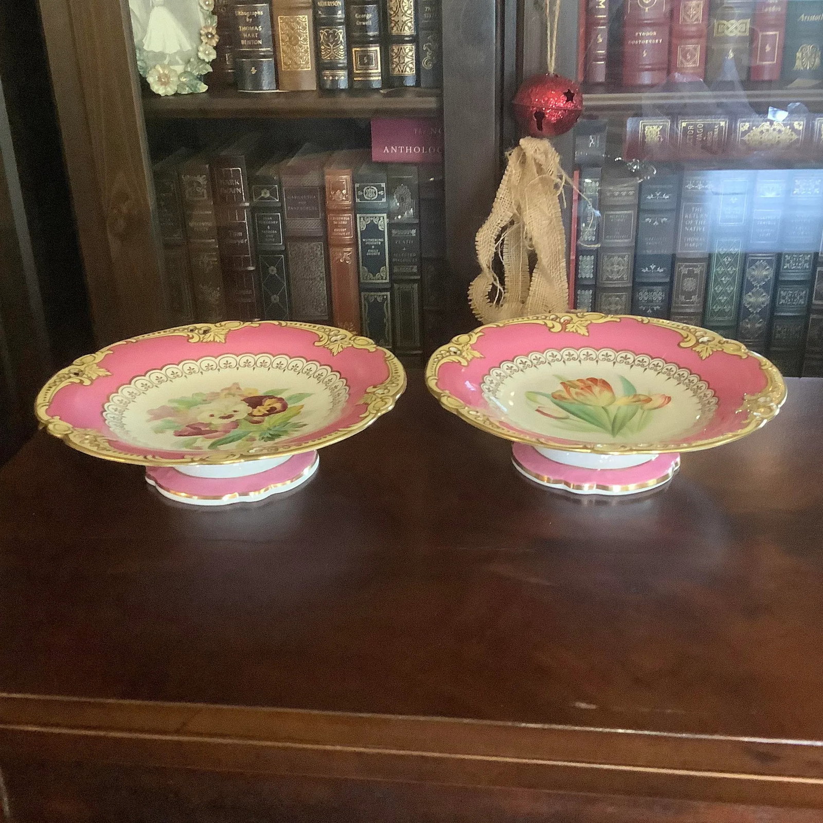 Antique Brown Westhead & Moore English Dessert Service Hand Painted Botanical Compotes - a Pair - 3