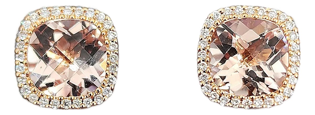 4.50 Ct Cushion-Cut Pink Morganite & Diamond Stud Earrings in 18k Yellow Gold, A Pair: These stunning stud earrings showcase an approximately 4.00 carat cushion-cut pink morganite, radiating soft elegance and feminine charm. The morganite stones are accented with 0.50 carats of round
