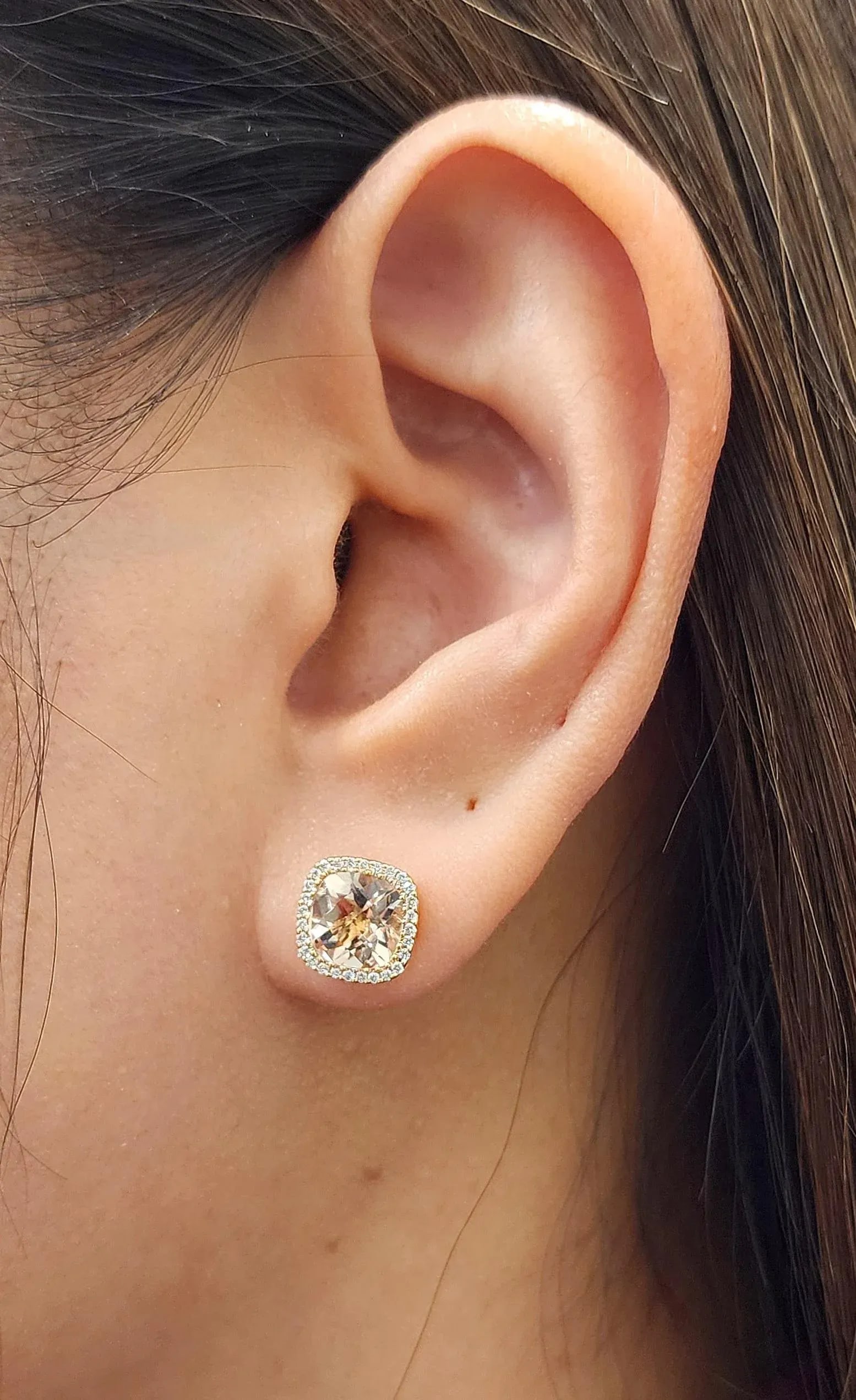4.50 Ct Cushion-Cut Pink Morganite & Diamond Stud Earrings in 18k Yellow Gold, A Pair - 2