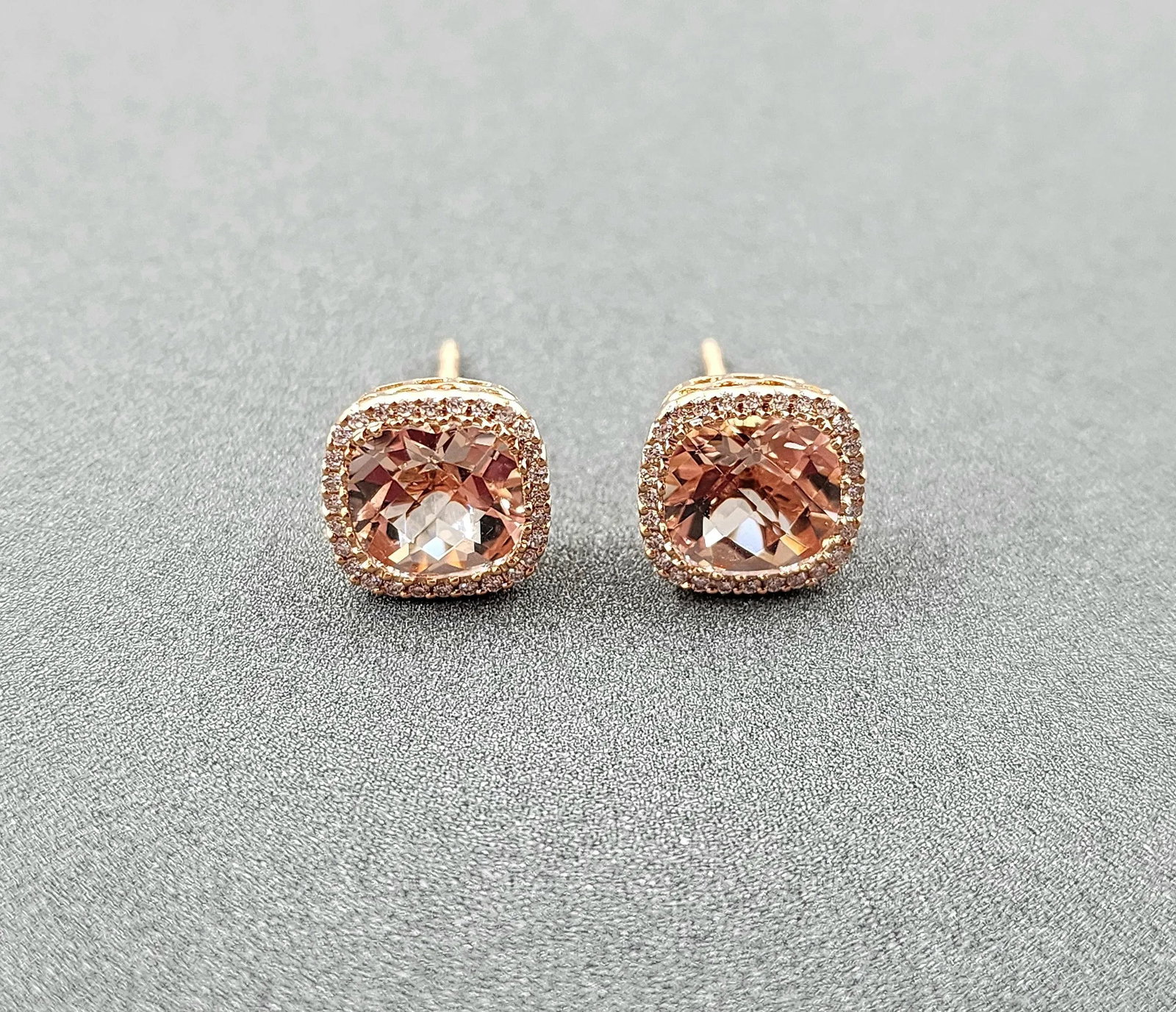4.50 Ct Cushion-Cut Pink Morganite & Diamond Stud Earrings in 18k Yellow Gold, A Pair - 5