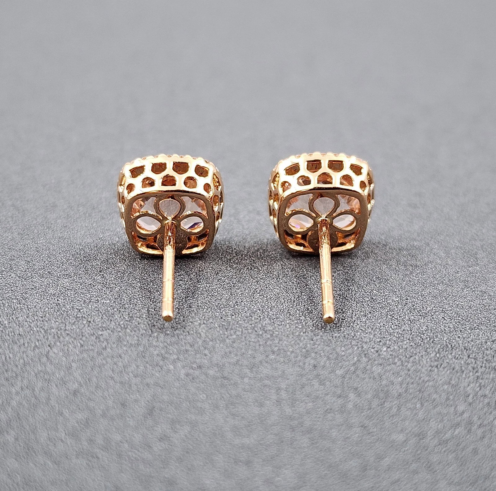 4.50 Ct Cushion-Cut Pink Morganite & Diamond Stud Earrings in 18k Yellow Gold, A Pair - 6