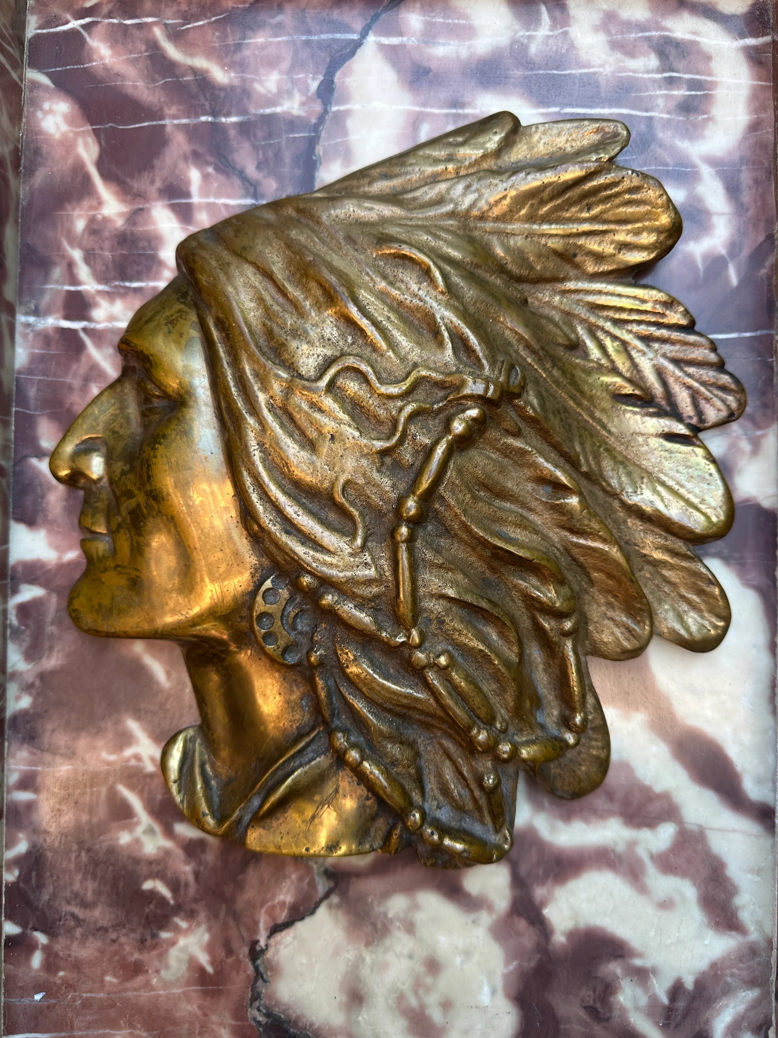 Antique Cast Bronze Native American Chief Wall Plaque - 3