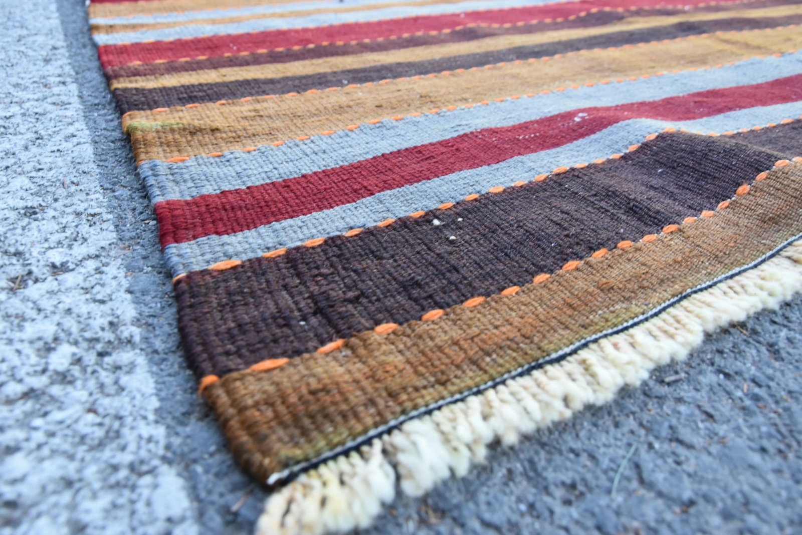 1960s Mid-Century Modern Striped Design Burgundy Turkish Vintage Wool Kilim Rug - 10