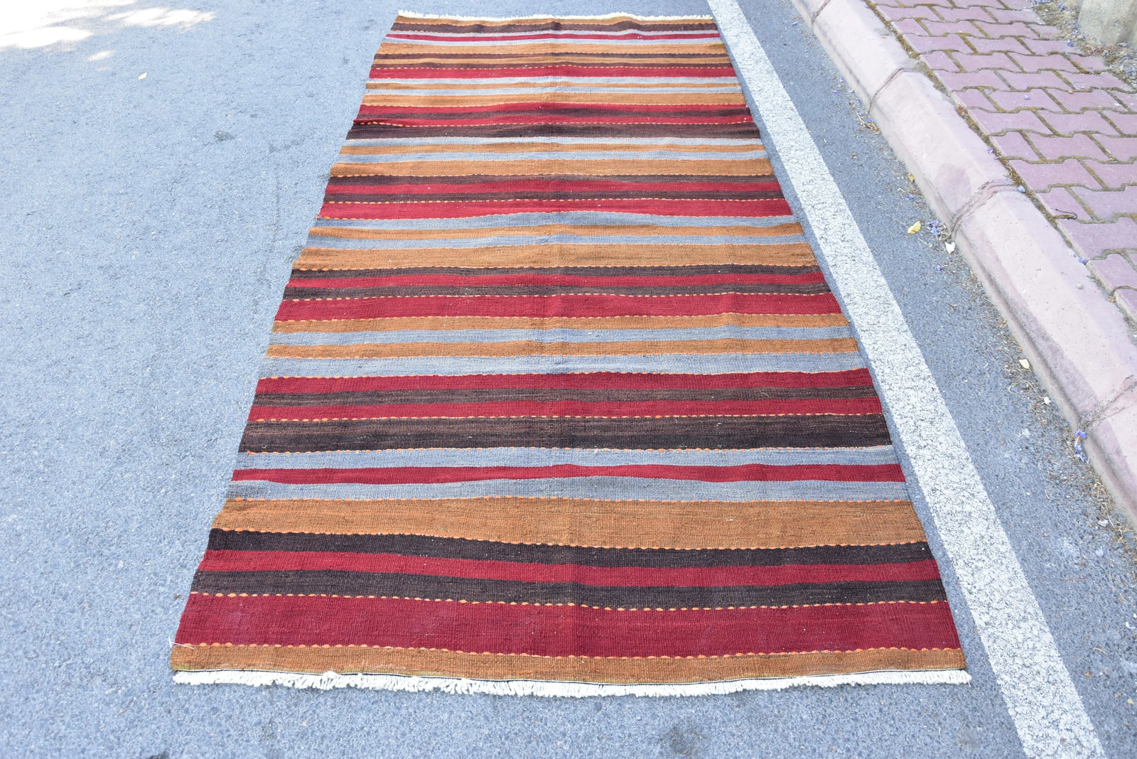 1960s Mid-Century Modern Striped Design Burgundy Turkish Vintage Wool Kilim Rug - 11