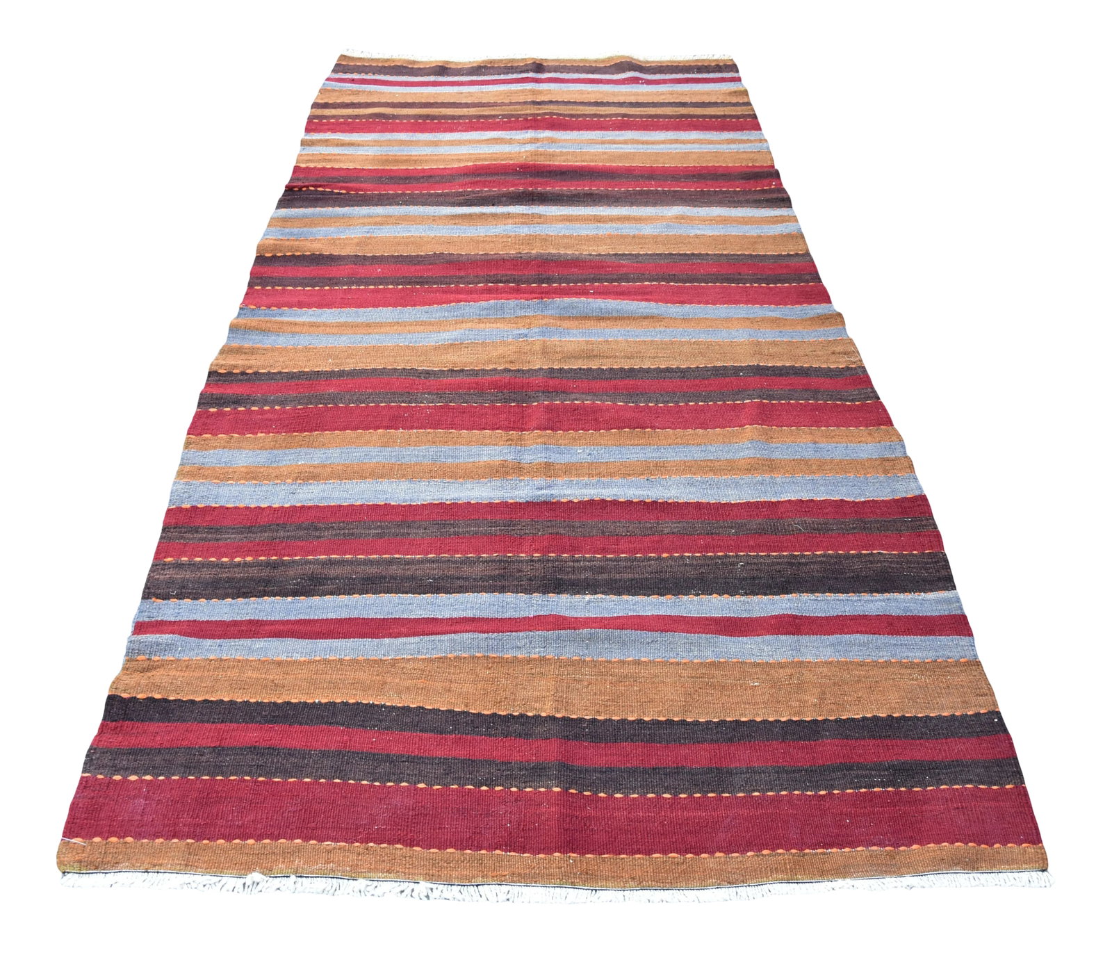 1960s Mid-Century Modern Striped Design Burgundy Turkish Vintage Wool Kilim Rug: Mid-Century Modern Striped Design Burgundy Turkish Vintage Wool Rug Anatolian Handwoven Ethnic Floor Rug 4x9ft Size: 4 x 9.1 ft (123 x 273 cm) 48 x 107 inches Color: Burgundy, Black, Camel, Blue