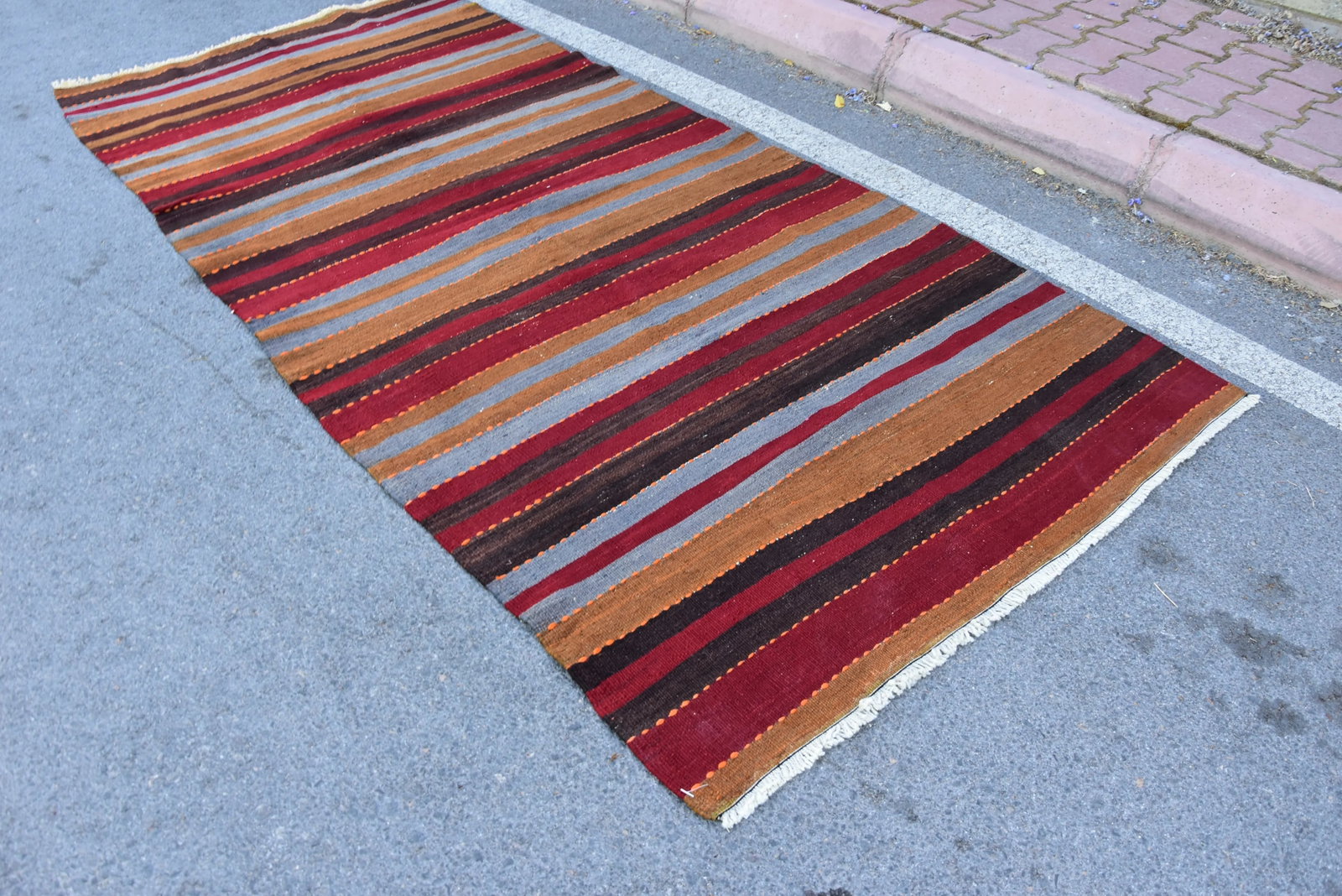 1960s Mid-Century Modern Striped Design Burgundy Turkish Vintage Wool Kilim Rug - 2