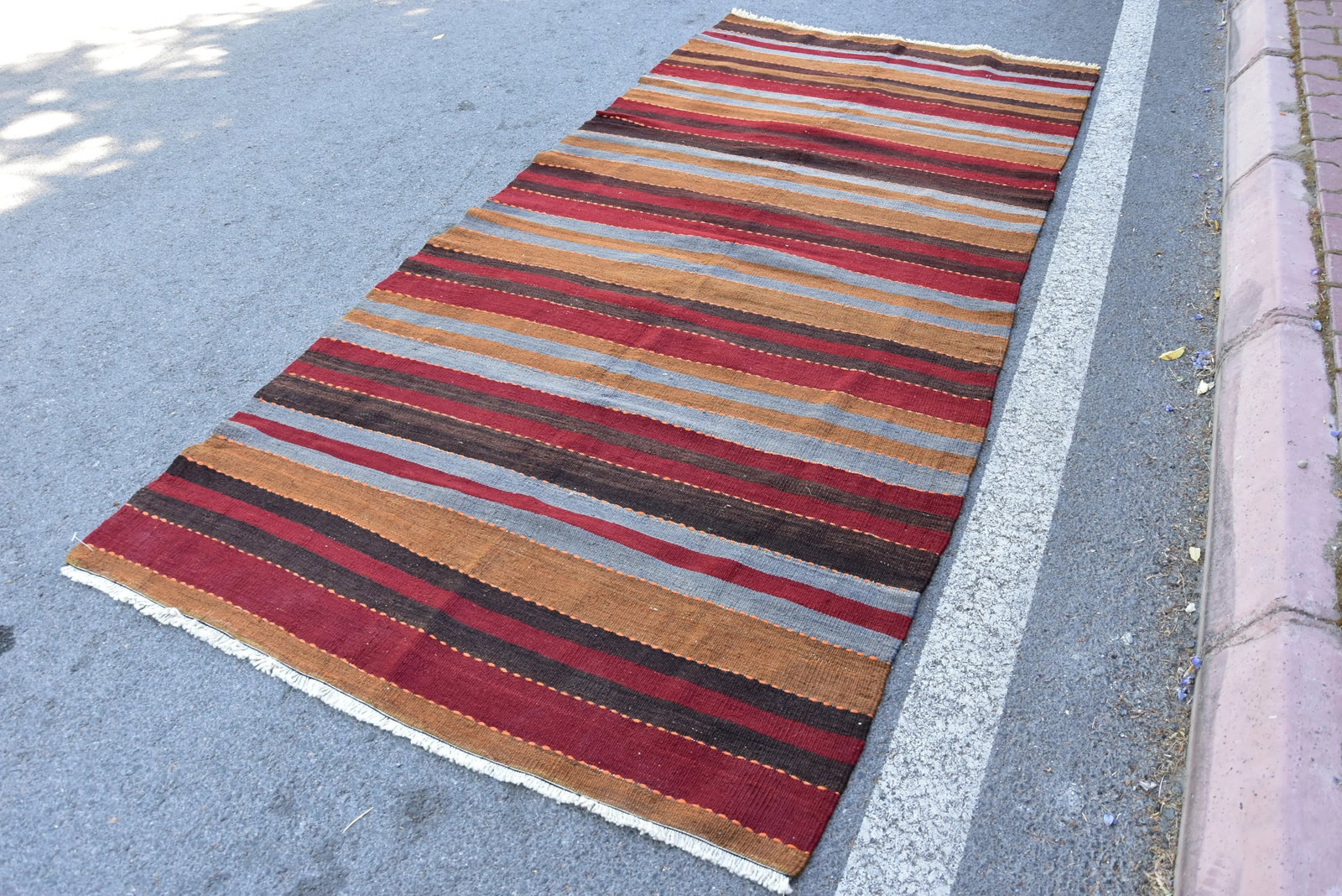 1960s Mid-Century Modern Striped Design Burgundy Turkish Vintage Wool Kilim Rug - 3