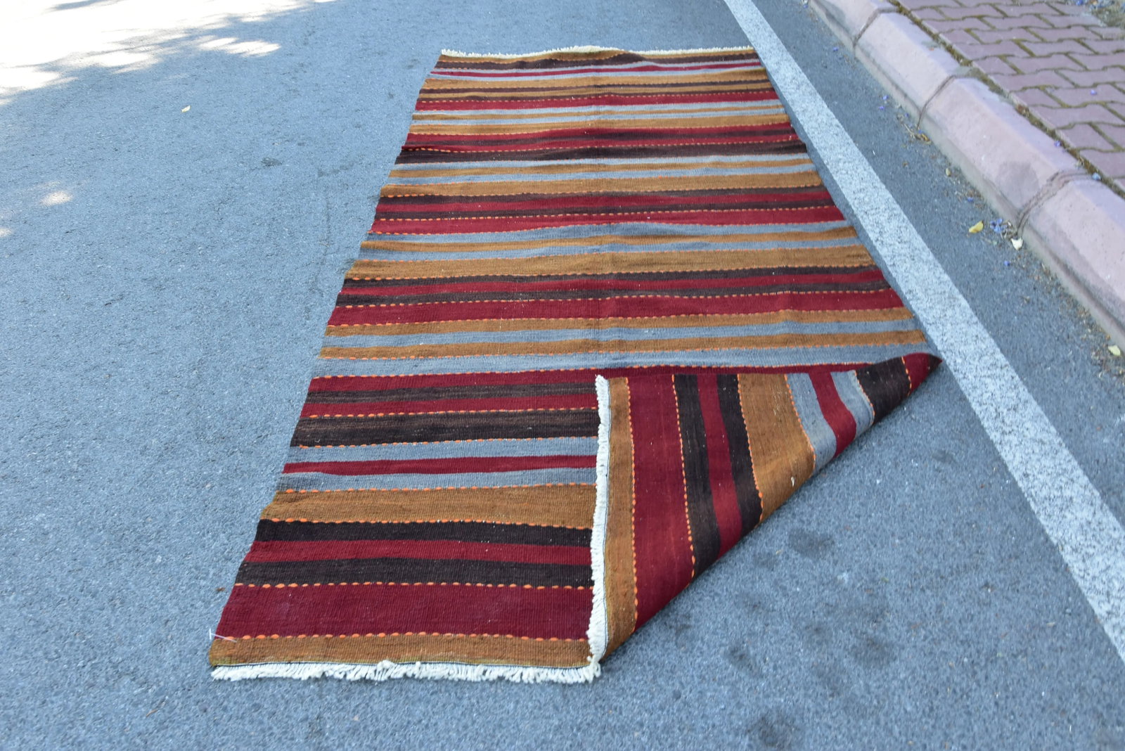 1960s Mid-Century Modern Striped Design Burgundy Turkish Vintage Wool Kilim Rug - 4