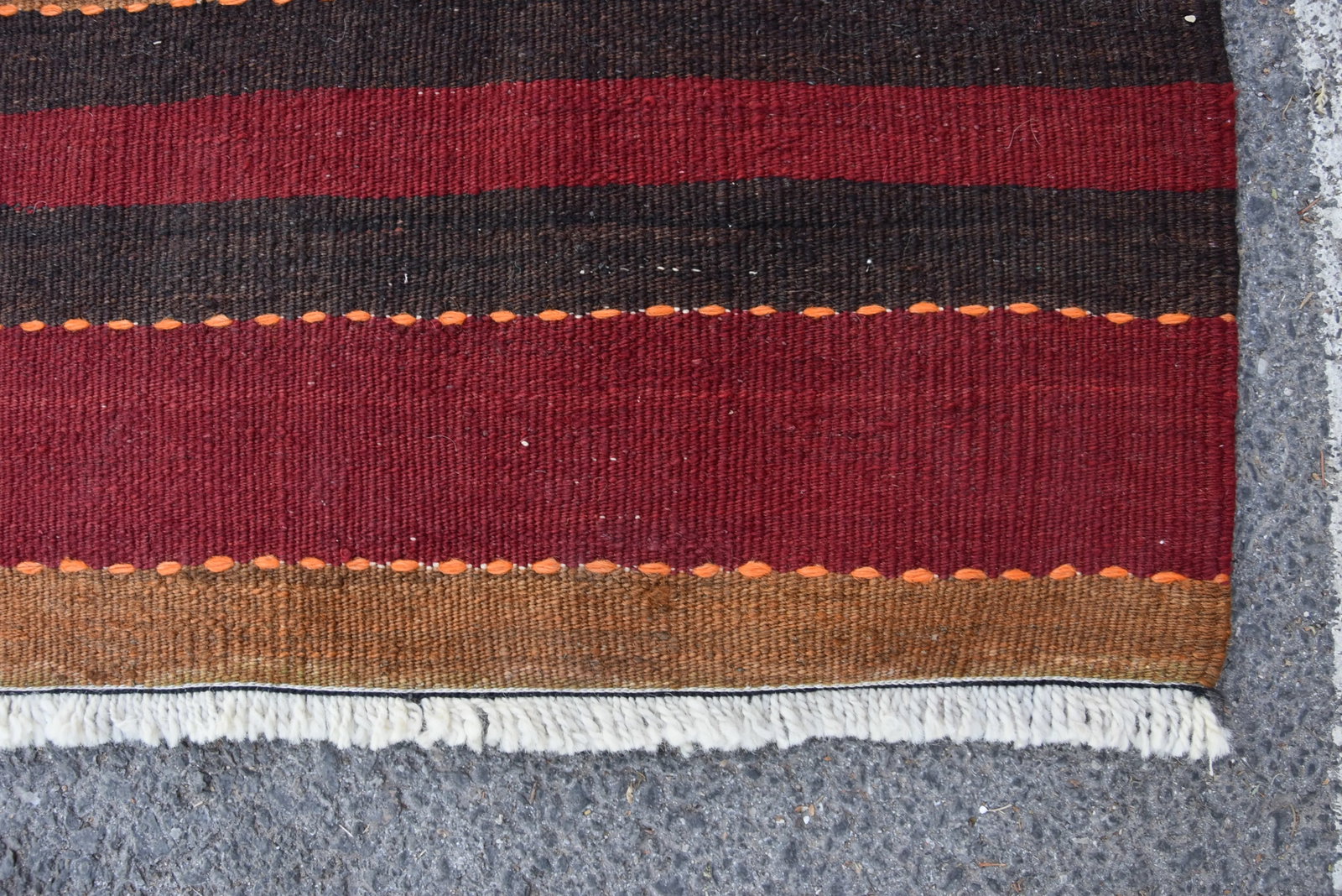 1960s Mid-Century Modern Striped Design Burgundy Turkish Vintage Wool Kilim Rug - 5