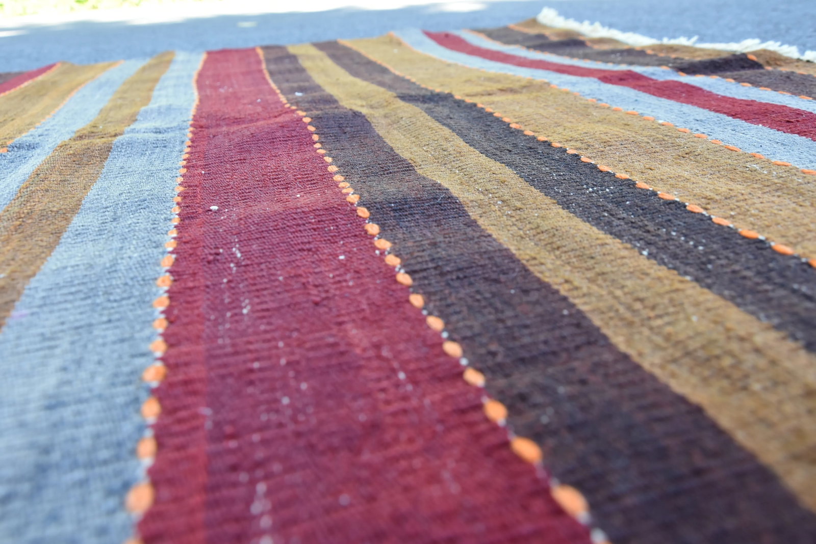 1960s Mid-Century Modern Striped Design Burgundy Turkish Vintage Wool Kilim Rug - 6