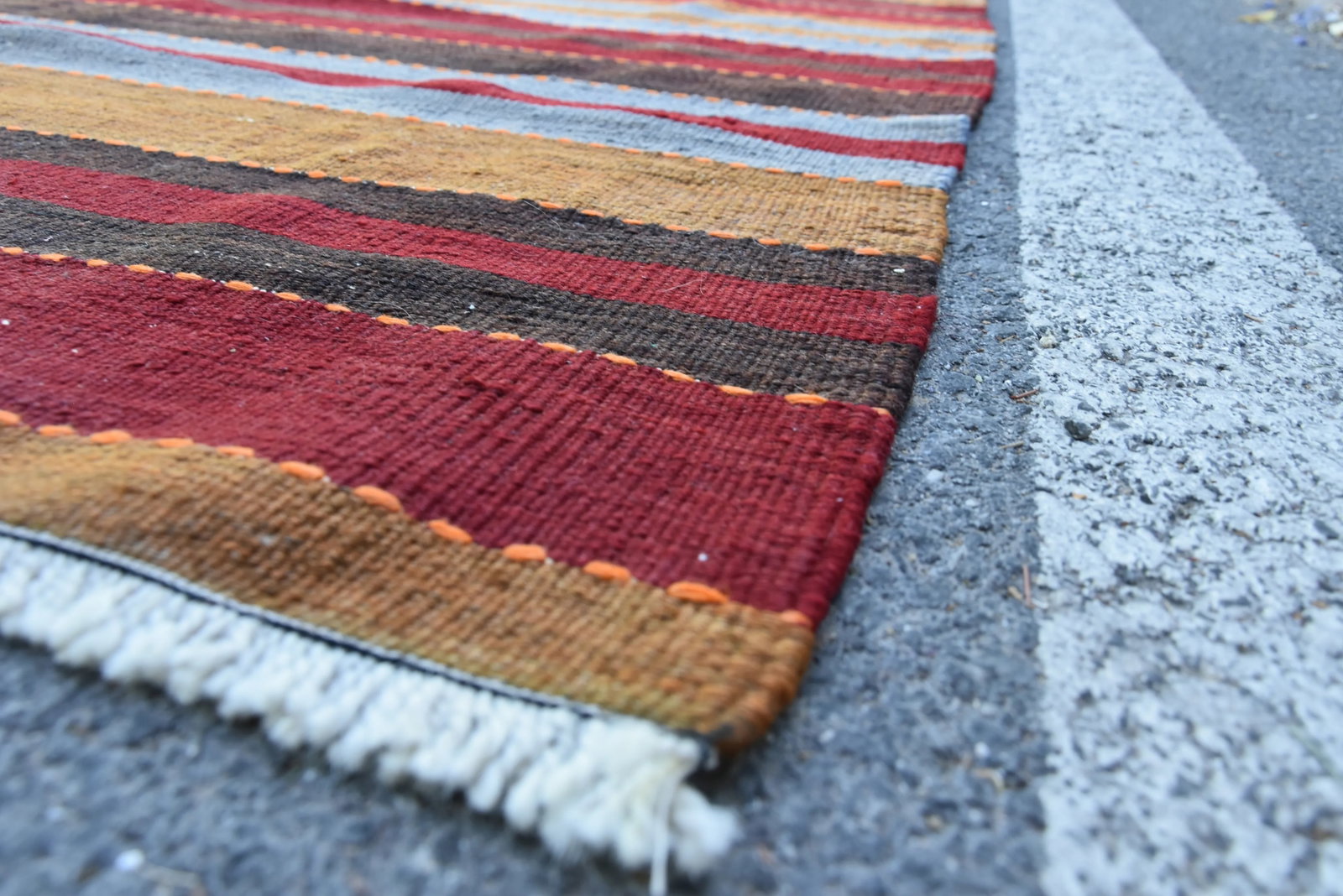 1960s Mid-Century Modern Striped Design Burgundy Turkish Vintage Wool Kilim Rug - 7