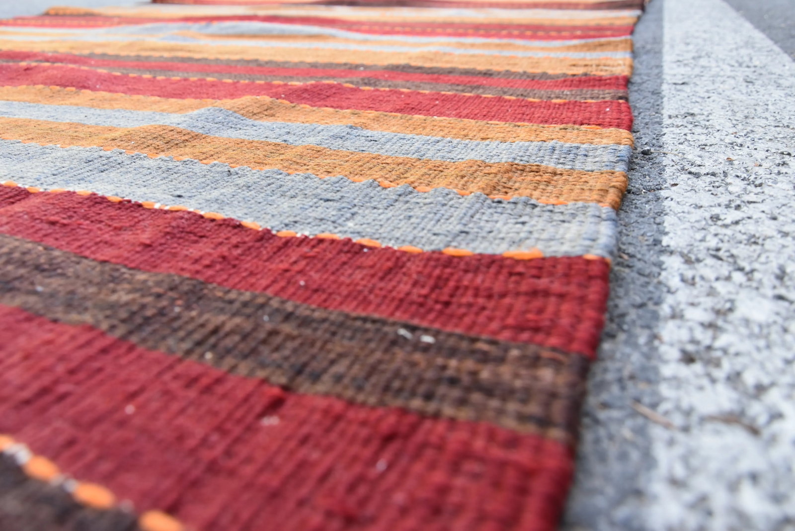 1960s Mid-Century Modern Striped Design Burgundy Turkish Vintage Wool Kilim Rug - 8