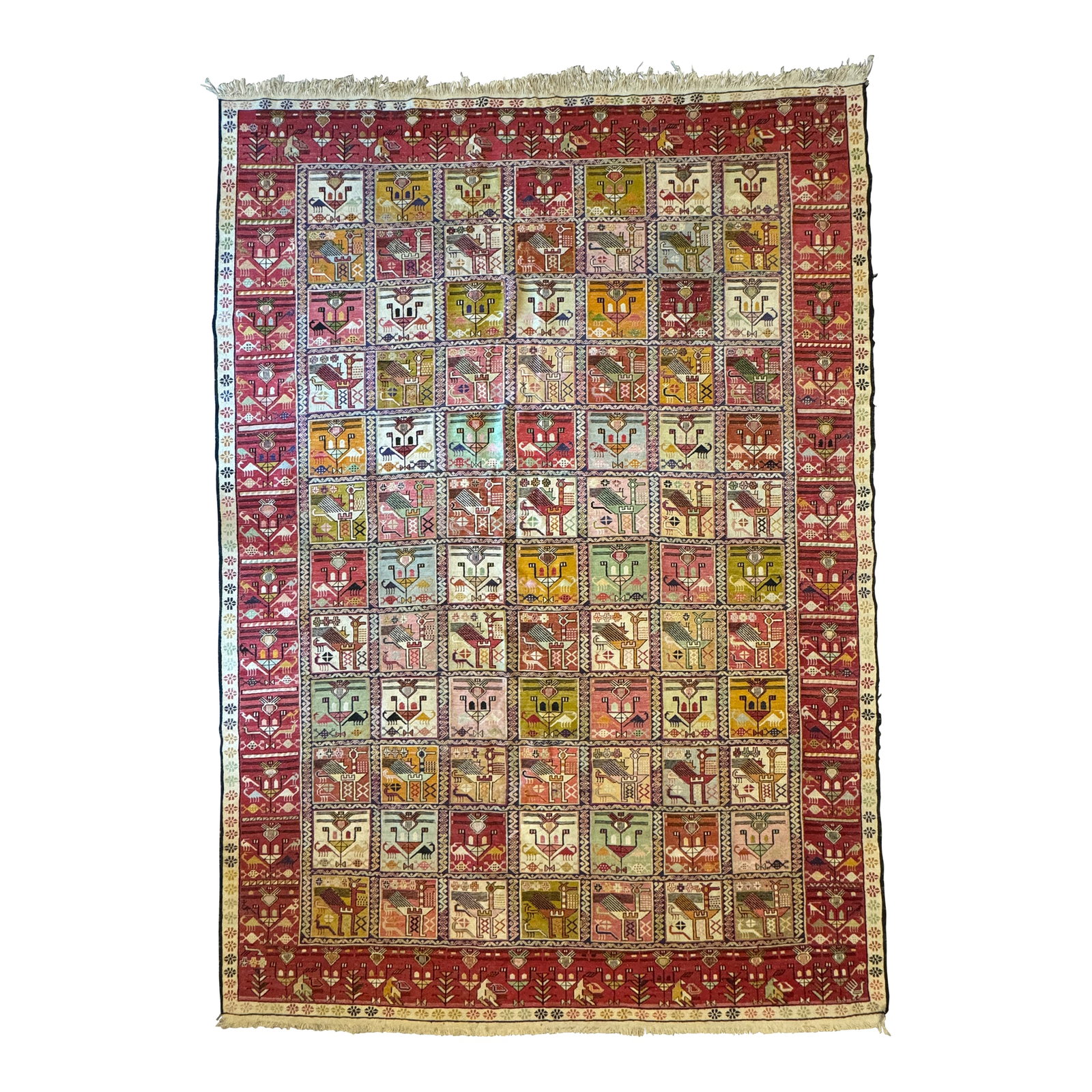 1960s Azerbaijani Shirvan/Quba Kilim: A large handwoven Azerbaijani flatweave kilim from the Shirvan-Quba region, executed in the distinctive panel-grid "stylized bird" design. The composition features alternating squares filled with