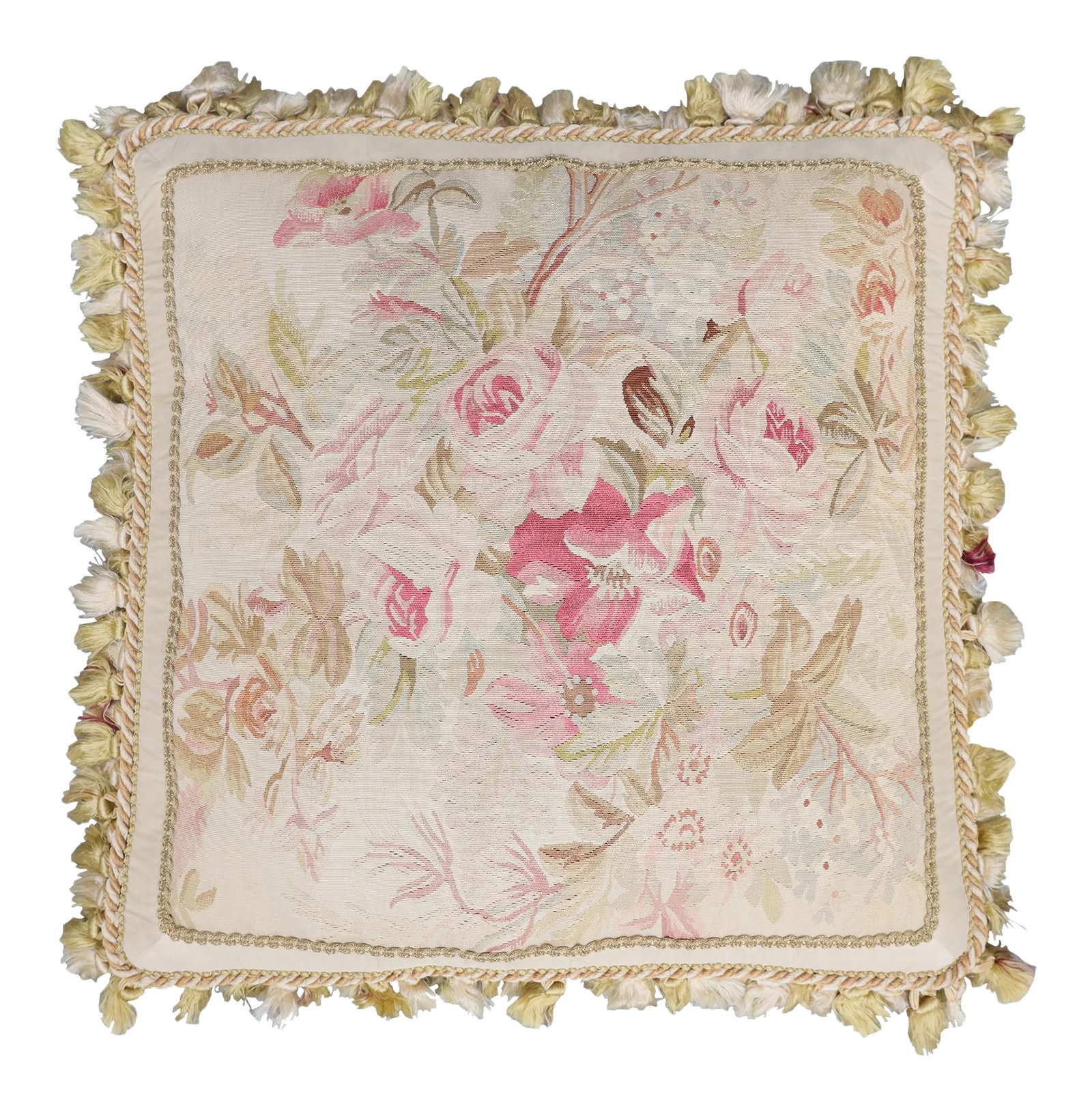 Pink Roses Aubusson Hand-Woven Silk Pillow: Roses are available in an incredible range of colors. For many, pink rose varieties are at the top of the list. Colors include pale, romantic pastels to bold, hot pink and everything in between. The