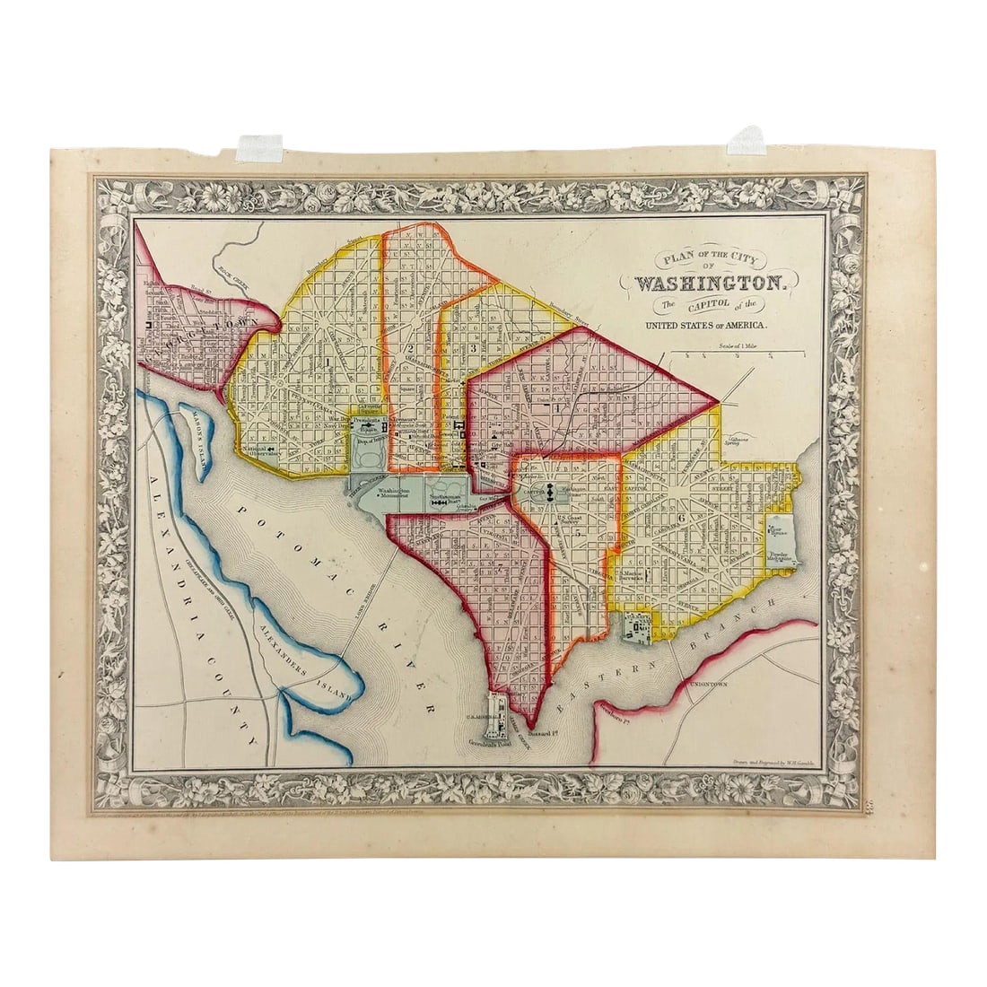 Antique, Hand Colored Map of Washington, Dc, 19thC: Antique map of Washington, D.C. carefully hand colored bringing warmth and charm to the engraving. This map features the city's distinguished layout as designed by urban planner Pierre Charles L'Enfan