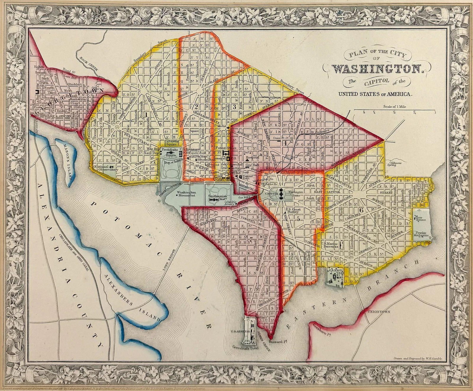 Antique, Hand Colored Map of Washington, Dc, 19thC - 2