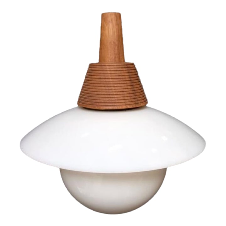 Allied Maker Crest Pendant Light: Crest Pendant Light by Allied Maker. Features a white canopy with walnut top, milky glass globe, and black base and cord. Lightly used, some minor scratches on base as outlined in photos. Hardwired