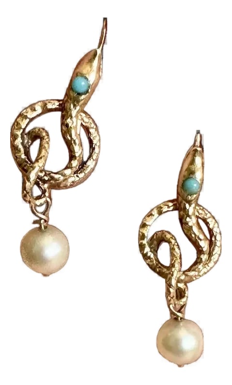 Late 19th Century 14k Serpent and Pearl Earrings, A Pair: Stunning Victorian 14k gold serpent earrings. The detailed design features Persian Turquoise eyes and small pearls suspended at the bottom. The earrings measure 1 1/8" in length and have fish hook