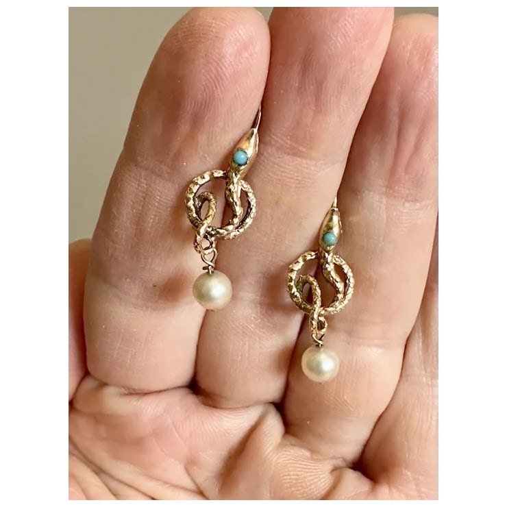 Late 19th Century 14k Serpent and Pearl Earrings, A Pair - 2
