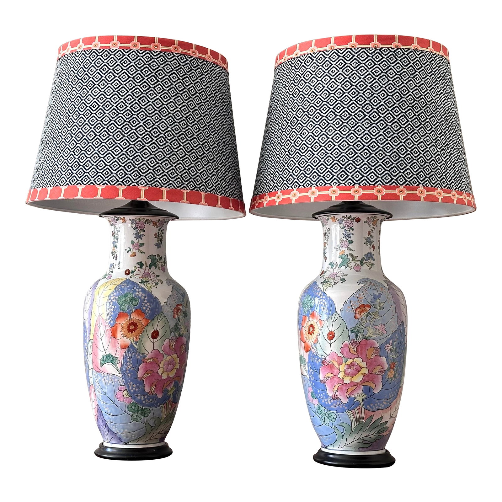 Pair of Vintage Tobacco Leaf Design Lamps With Fabric Shades: Pair of vintage ceramic tobacco leaf design lamps Tall ginger jar body Lovely hand painted pastel shades of blue, pink, orange, coral, yellow, green, and lavender Top cap and base are black metal Lamp