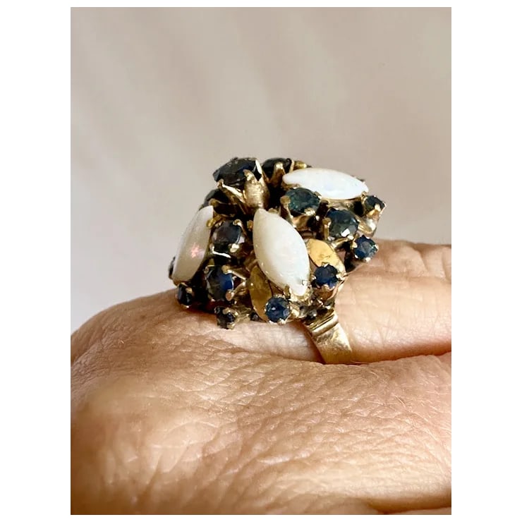 Late 20th Century 14k Sapphire and Opal Ring, Size 5 - 6