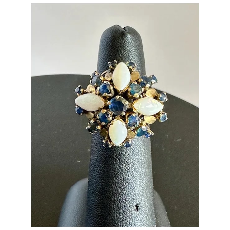 Late 20th Century 14k Sapphire and Opal Ring, Size 5 - 9
