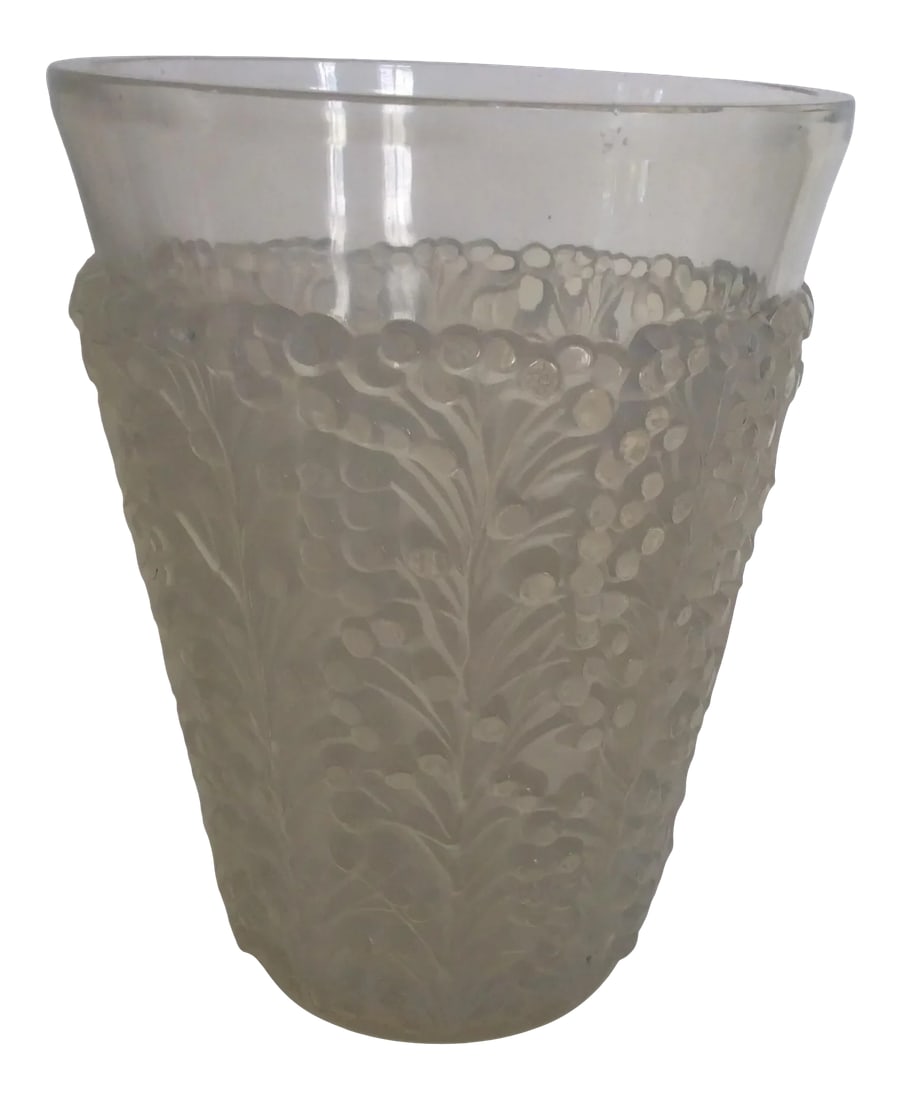 1930s Lalique Saint Tropez Vase: This rare and gorgeous Rene Lalique vase was designed in 1937. It features opalescent glass with berries and stems. R Lalique is incised on the bottom. Condition: Alterations: Original Condition Unalt