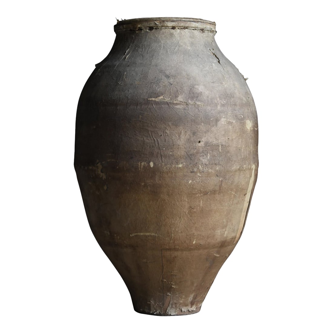 Antique Large 1800's-1900's Japanese Paper Covered Pottery Wabi Sabi Floor Vessel Jar Meiji Era: Bought from Japan, very large antique tsubo pottery vessel, estimated to be from the Meiji era (1800-1900's). It is made with pottery, and covered in paper, giving it a very beautiful wabi-sabi