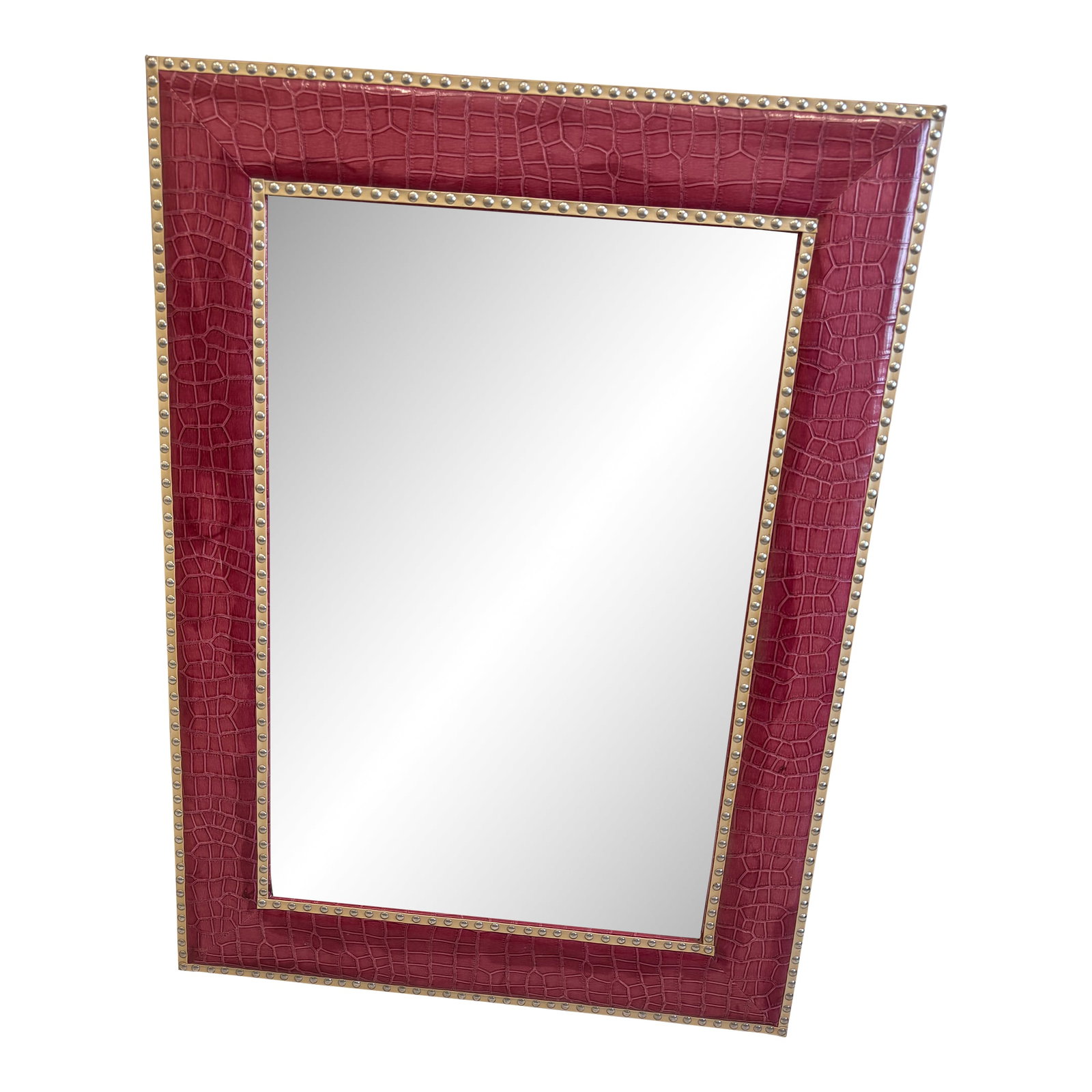 Large 1980's Faix Alligator Framed Mirror: Large faux alligator framed rectangular mirror the color is a raspberry red having a cream edging and silver colored nailheads , the mirror has the perfect glam style with just a touch of old world