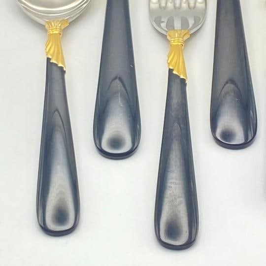 Service for 15 - Yamazaki "Lindi" Black Handle Gold Accent 75-Pieces: 15 Place Settings With Individ - 13